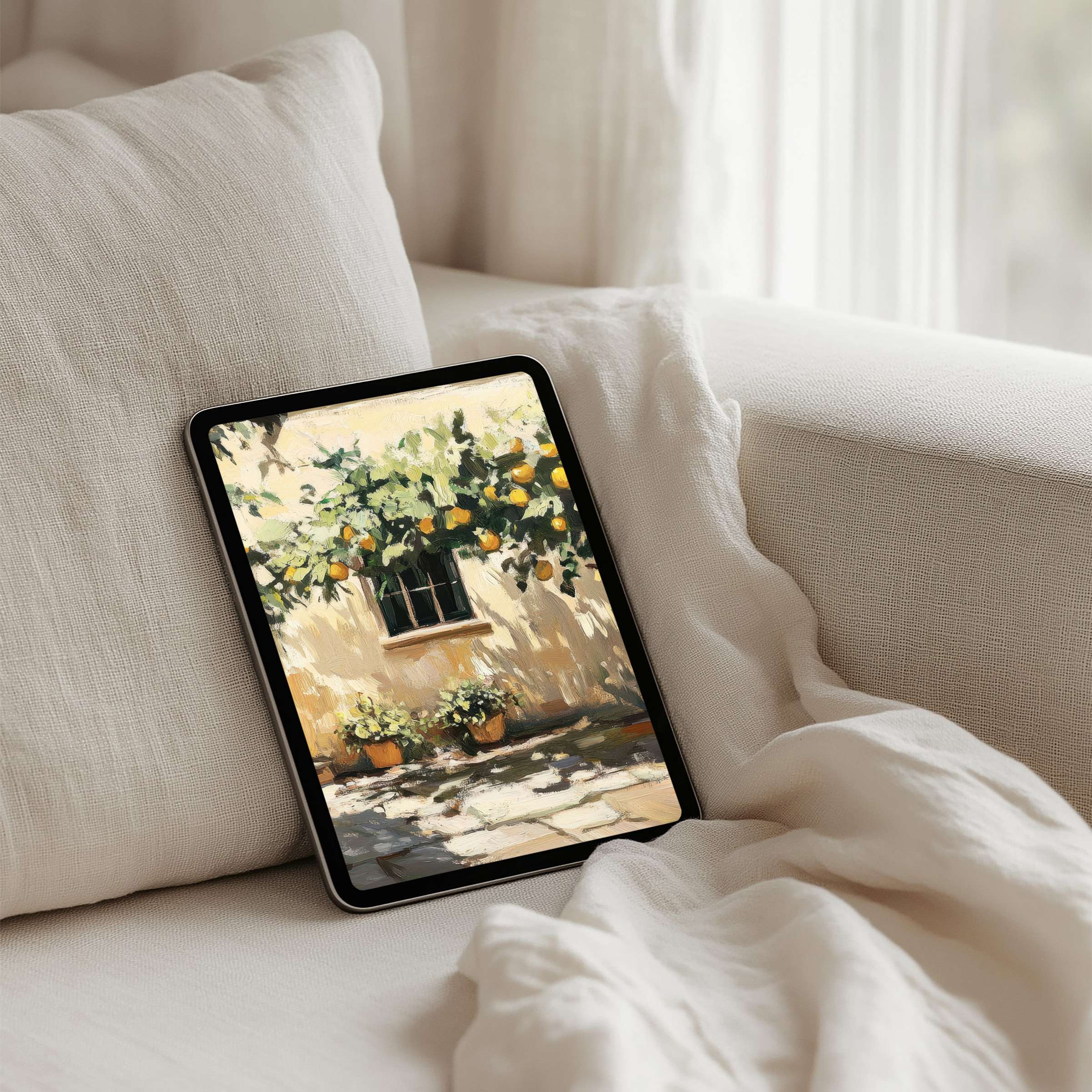 Tranquil sunlit patio scene iPad background for instant download brings calm inspiration to your tablet with elegance and mindfulness