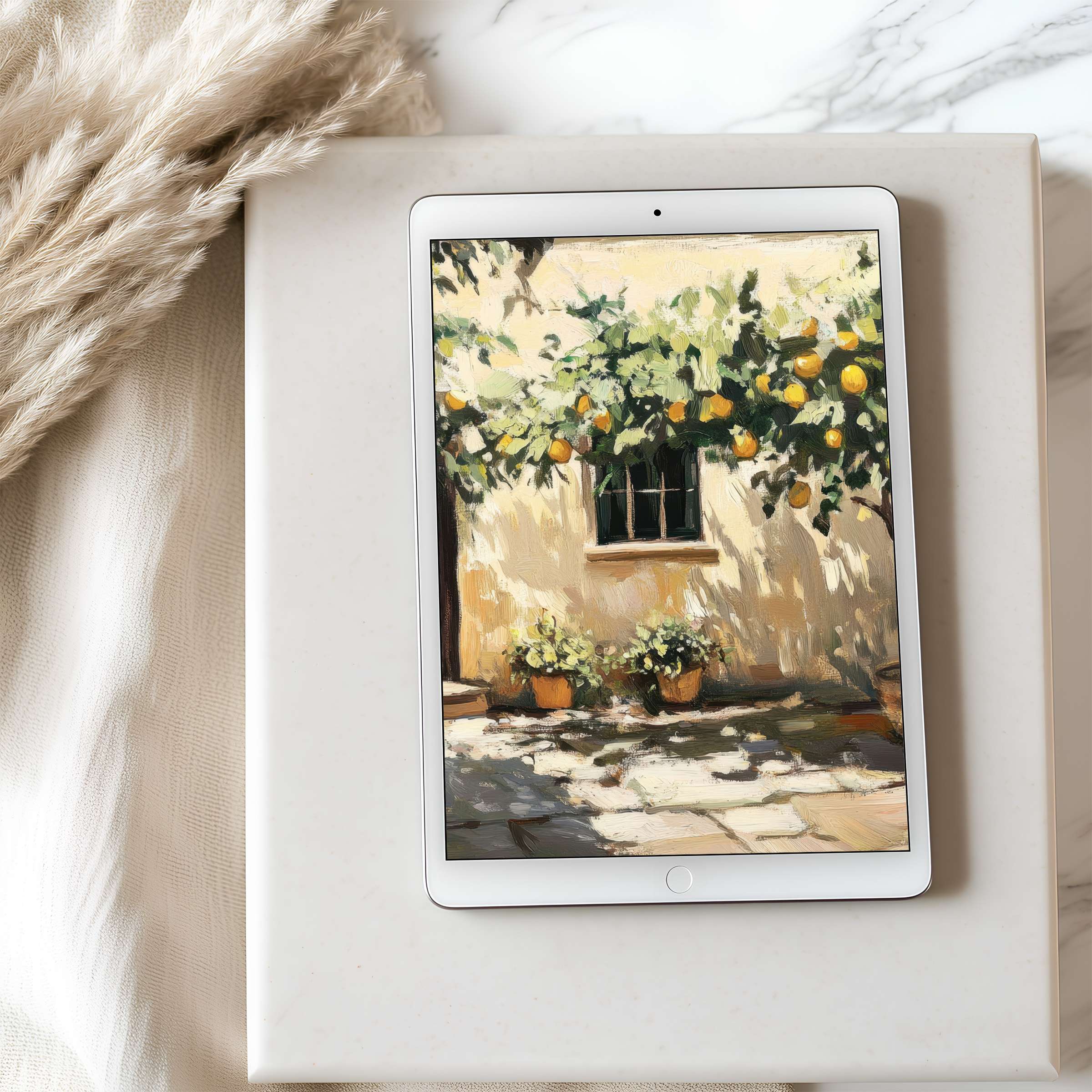 Tranquil garden motif in warm tones tablet wallpaper for iPad high resolution digital download enhancing serene interior design