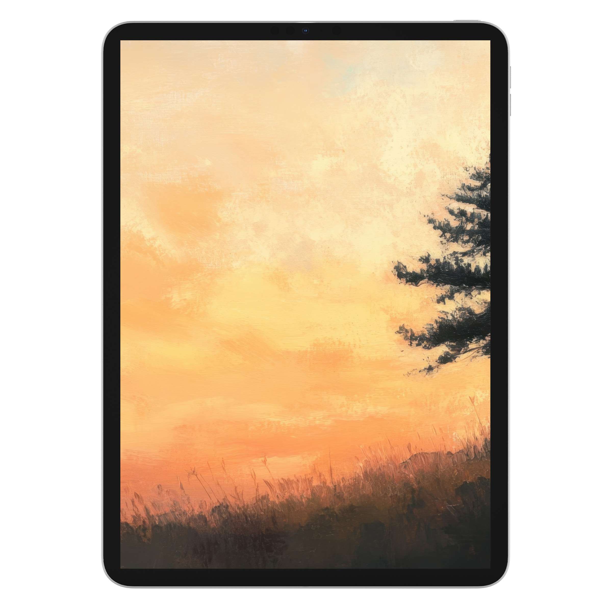 Elegant tree iPad wallpaper with a sunrise painting for tablet background, offering a digital download for serene aesthetics