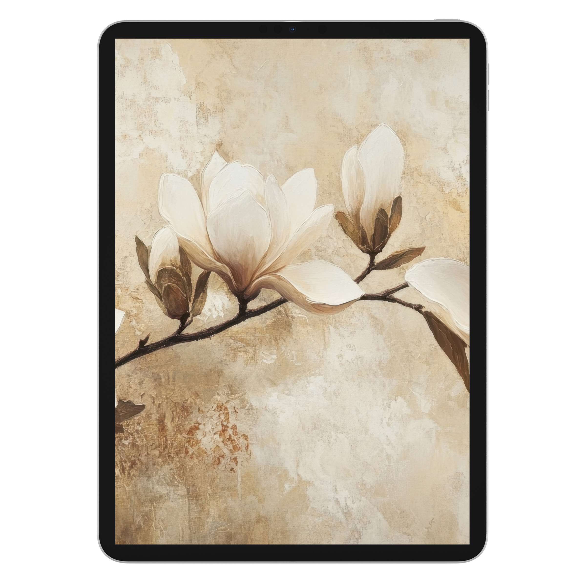 Elegant tree iPad wallpaper with serene blossoms on a textured beige background, perfect digital download for any tablet screen