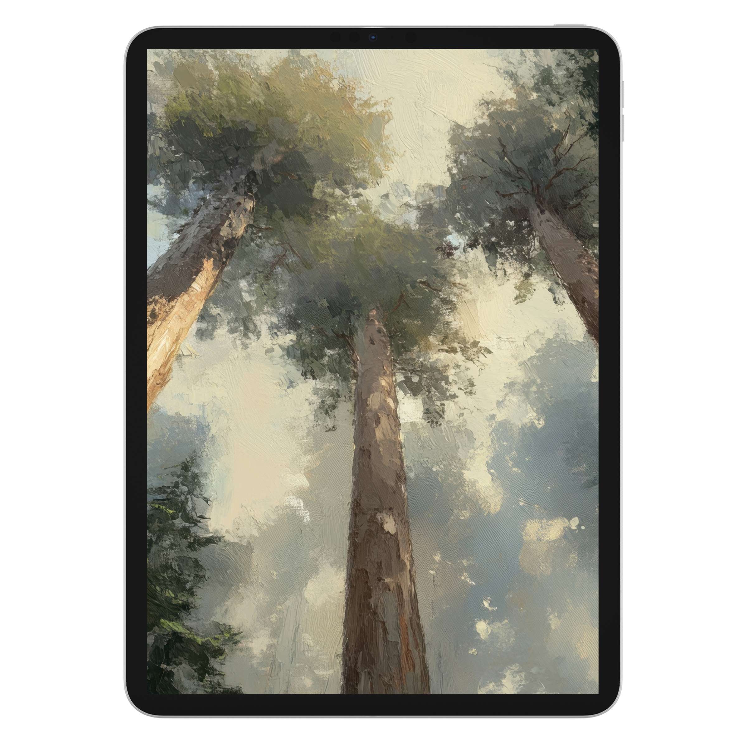 Elegant tree iPad wallpaper featuring towering treetops painted against a serene sky background, ideal digital download for any tablet