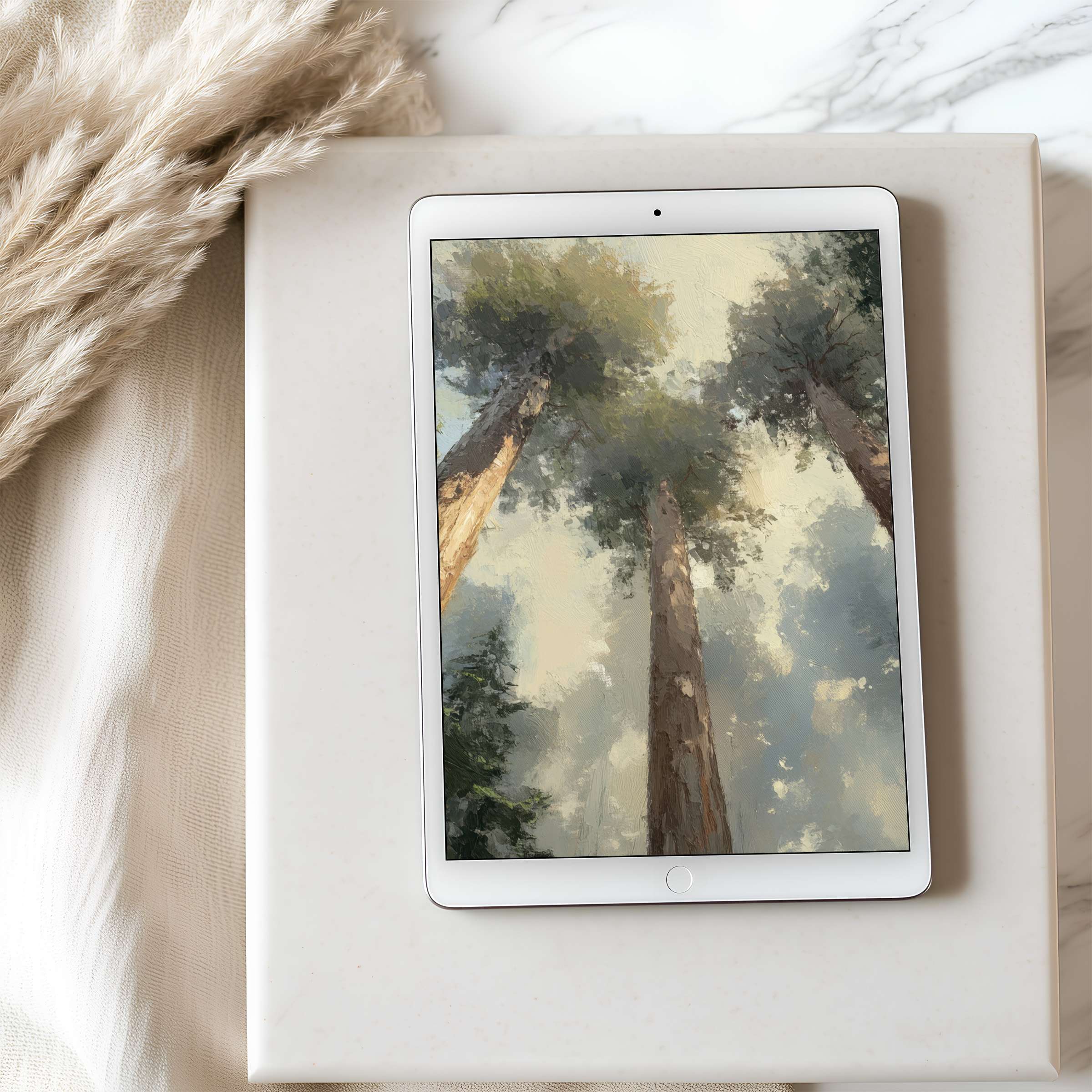 Elegant tablet wallpaper showcasing serene forest scene in high resolution, perfect for iPad, digital download for tranquil interiors