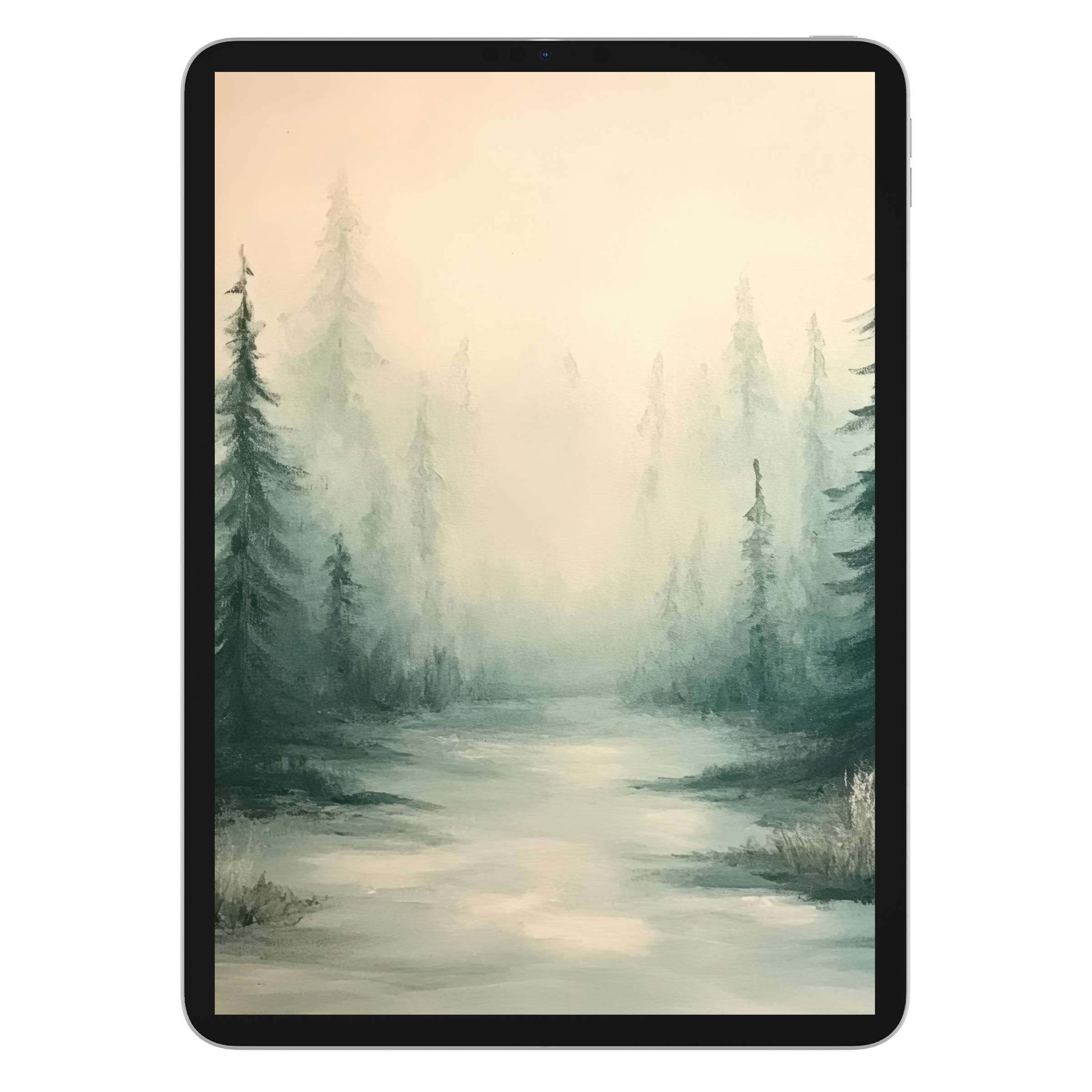 Misty forest path painting on a tree iPad wallpaper evokes tranquility, perfect for tablet background; digital download serene nature scene