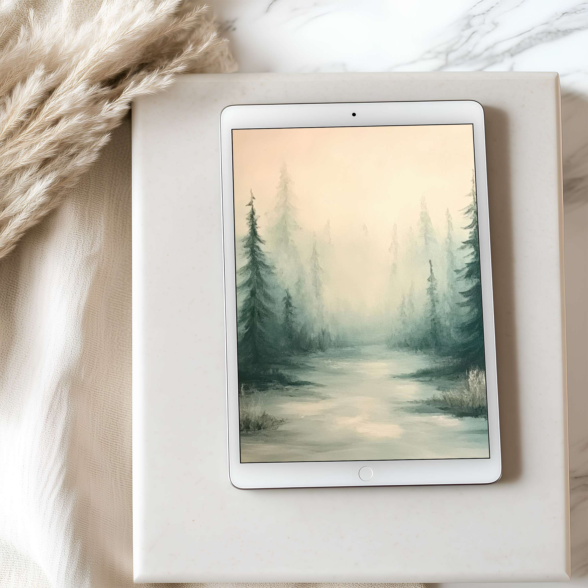 Enchant your iPad or Android with this serene tablet wallpaper featuring misty forest art, offering calming elegance and digital sustainability