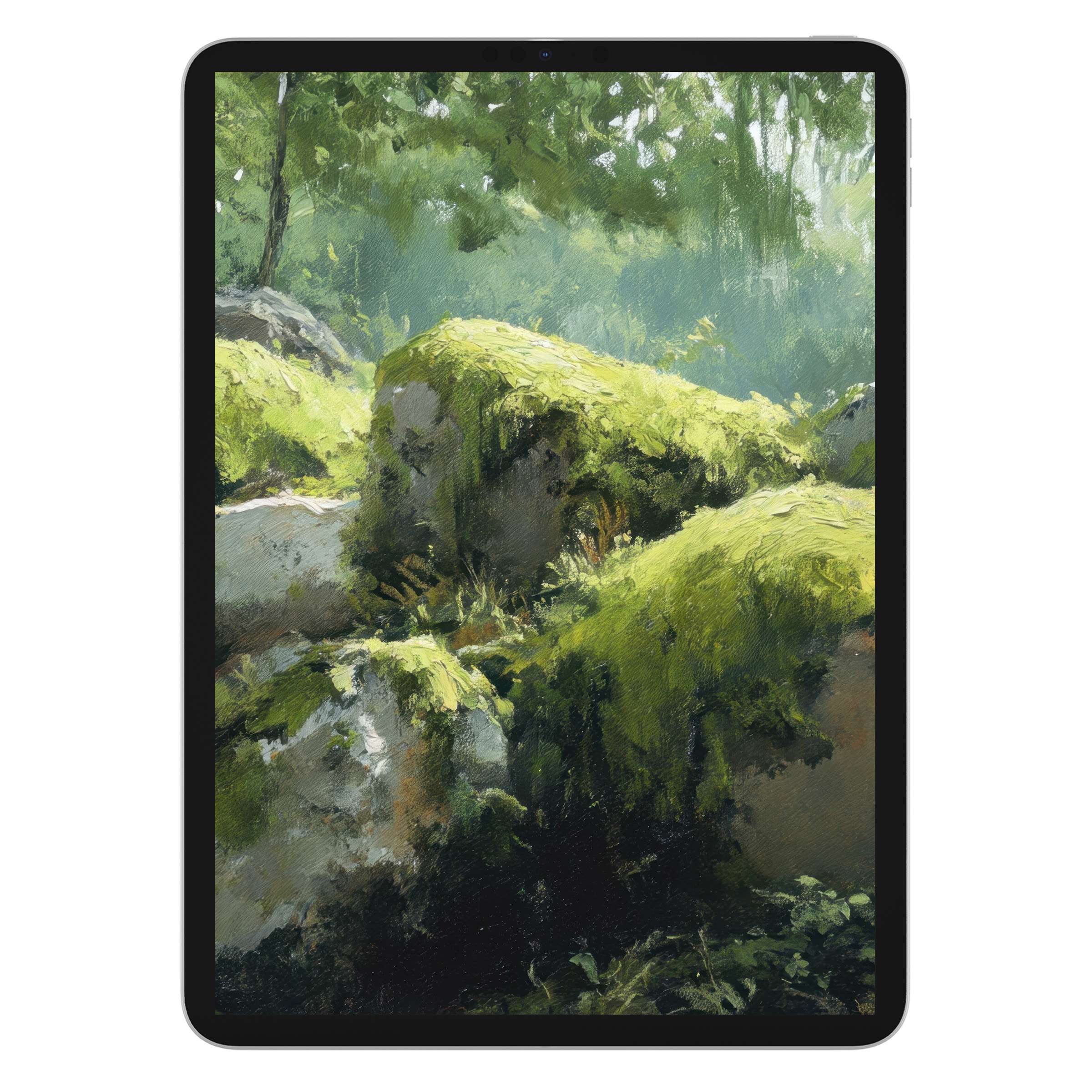 Lush green forest scene as tree iPad wallpaper, ideal for tablet backgrounds, digital download for serene, artistic vibes
