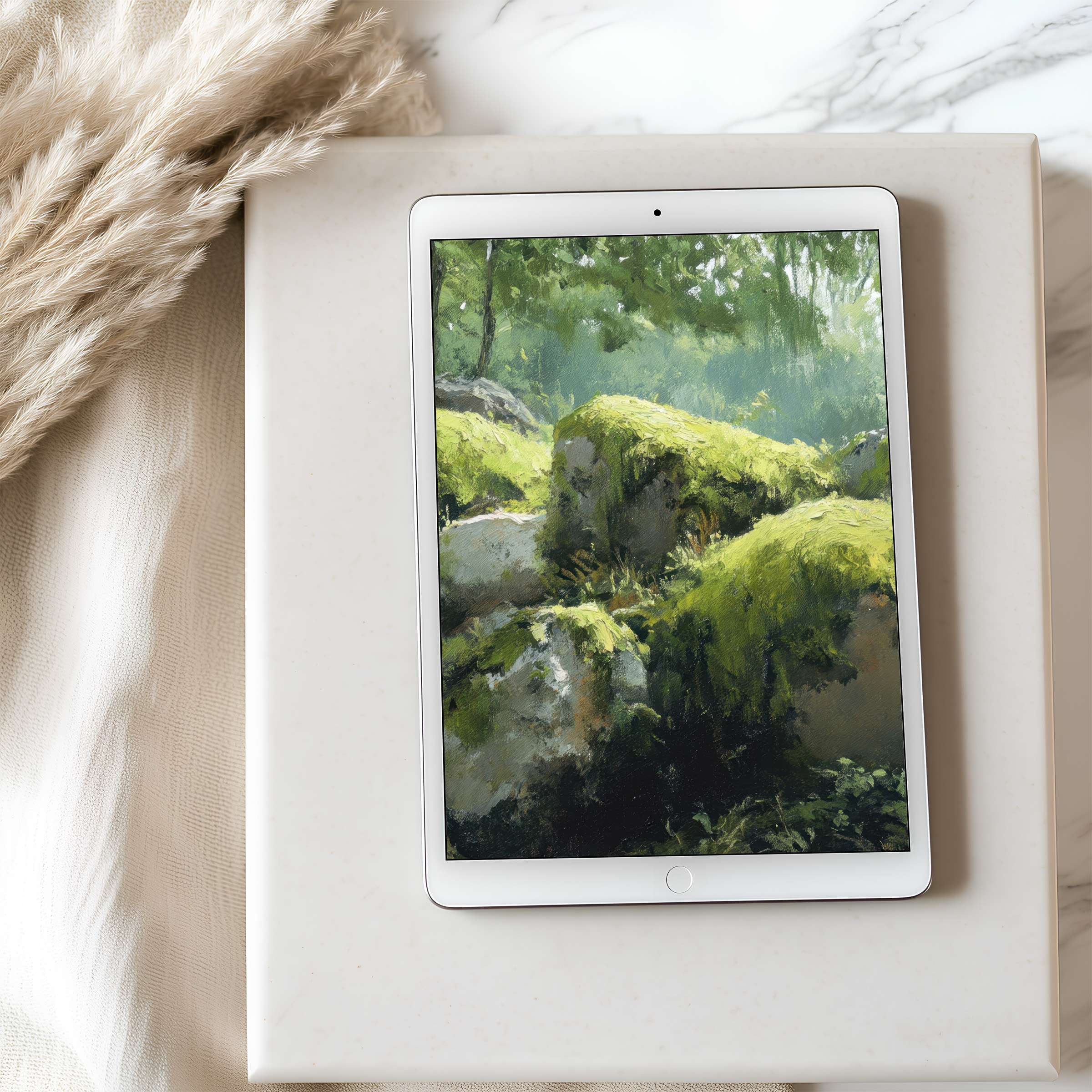 Elegant tablet wallpaper featuring serene mossy rocks in a lush forest setting; perfect for iPad and Android tablets as a high-resolution digital download