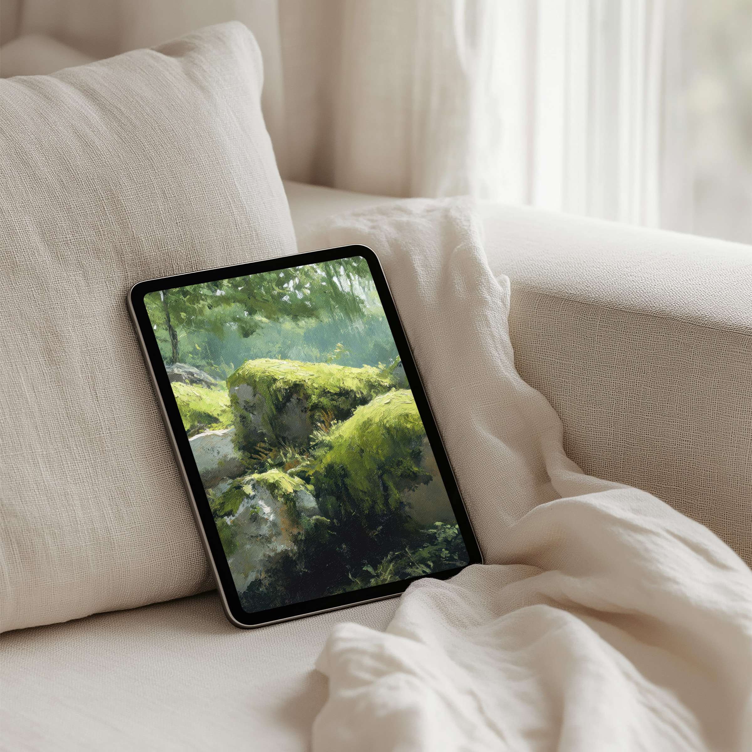 Mossy green forest iPad background for instant download, perfect for tablets, offering calm elegance and inspiration in serene settings