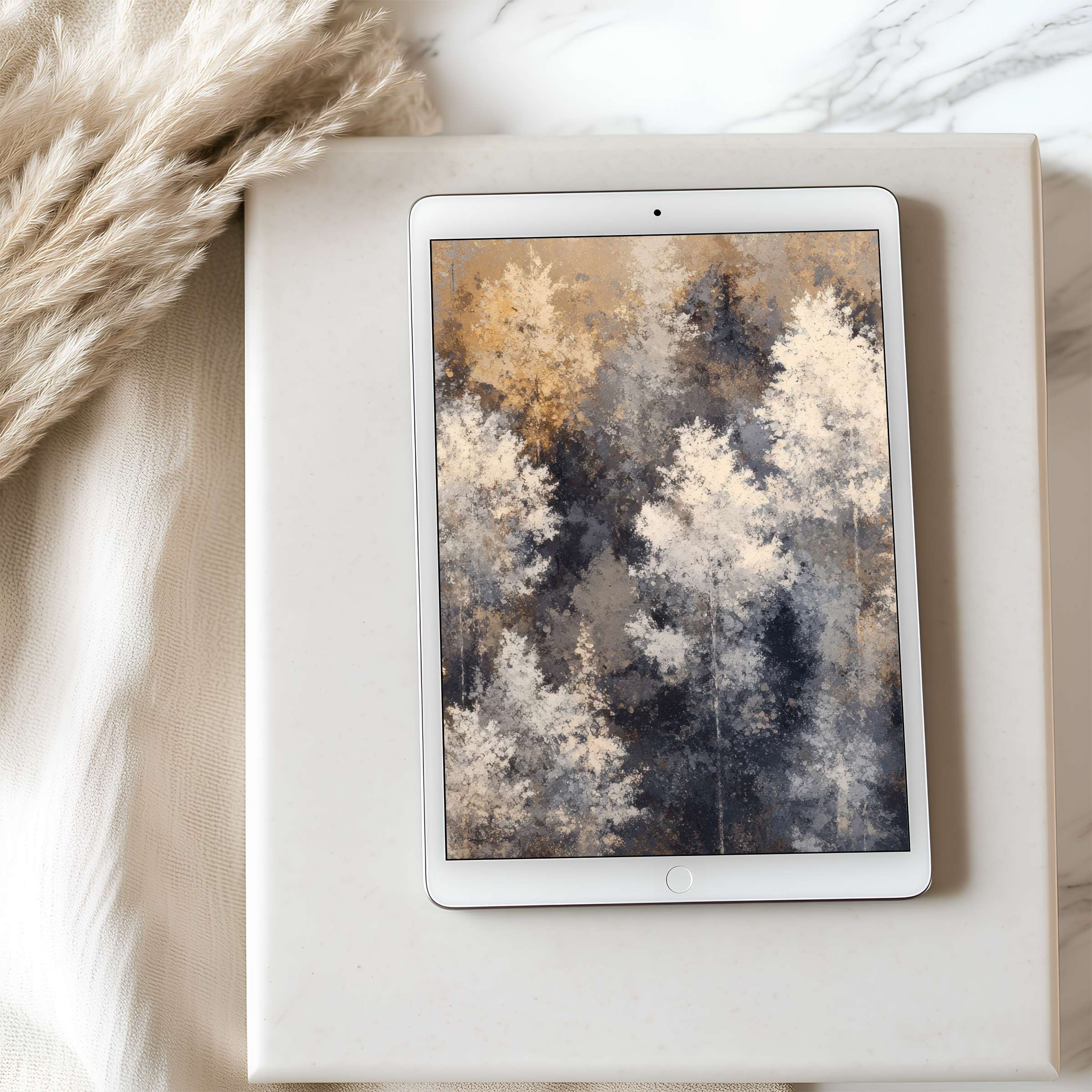 Elegant forest-inspired tablet wallpaper features calming neutral tones and abstract design perfect for a high-resolution digital download