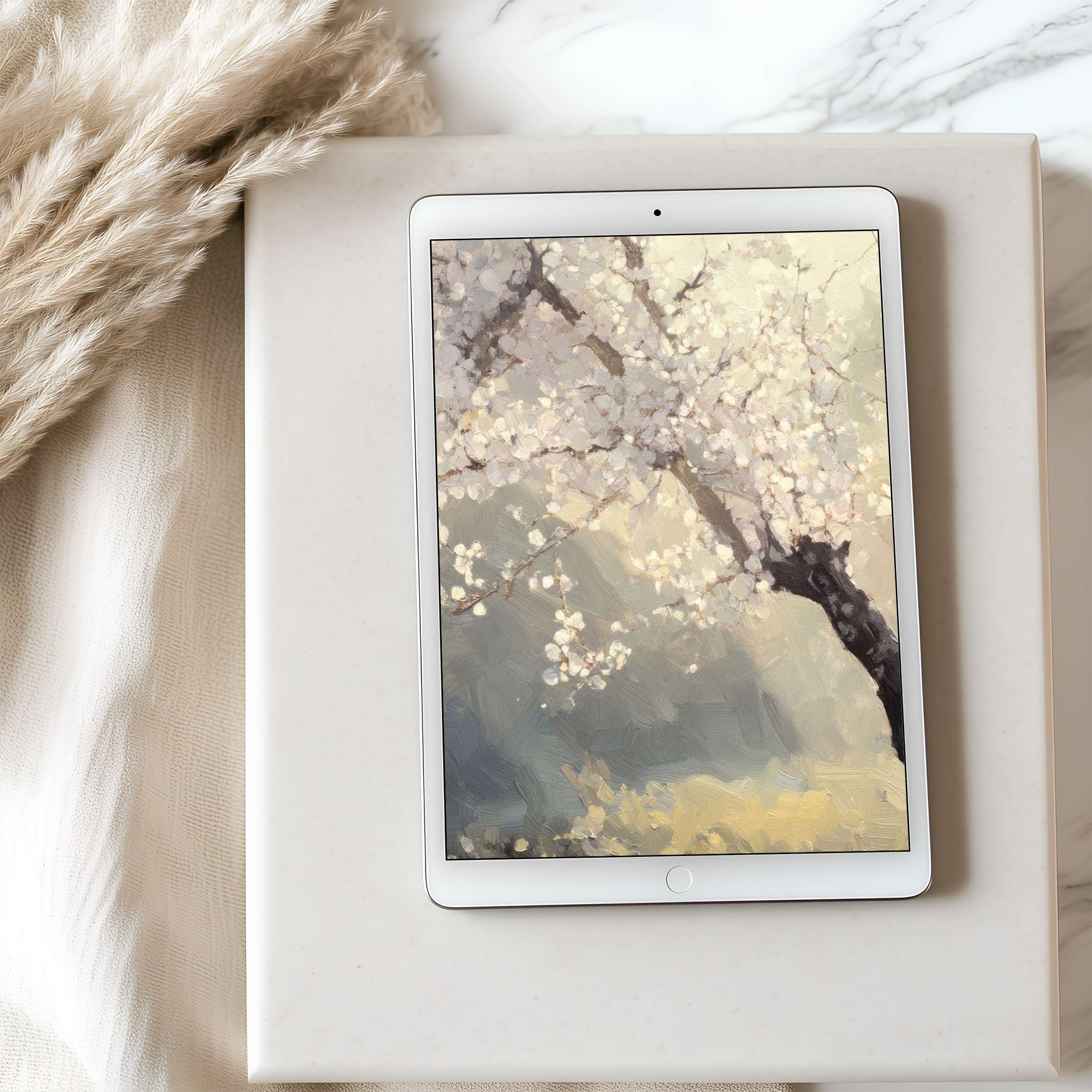 Elegant blooming cherry blossoms tablet wallpaper in soft pastels offers calm elegance for high resolution iPad and Android screens