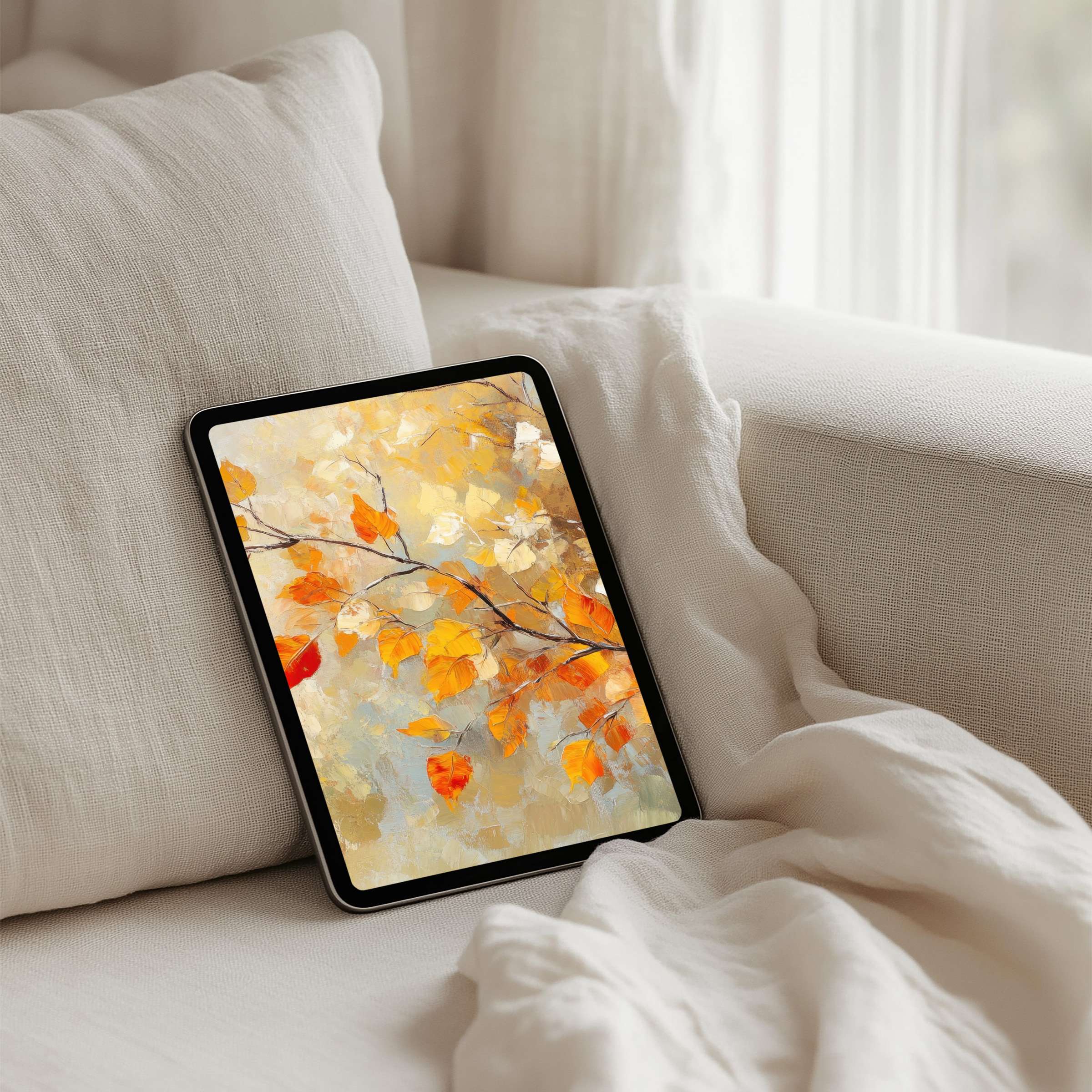 Elegant autumn iPad background with vibrant orange leaves offers instant download for your tablet, inspiring calm and mindfulness