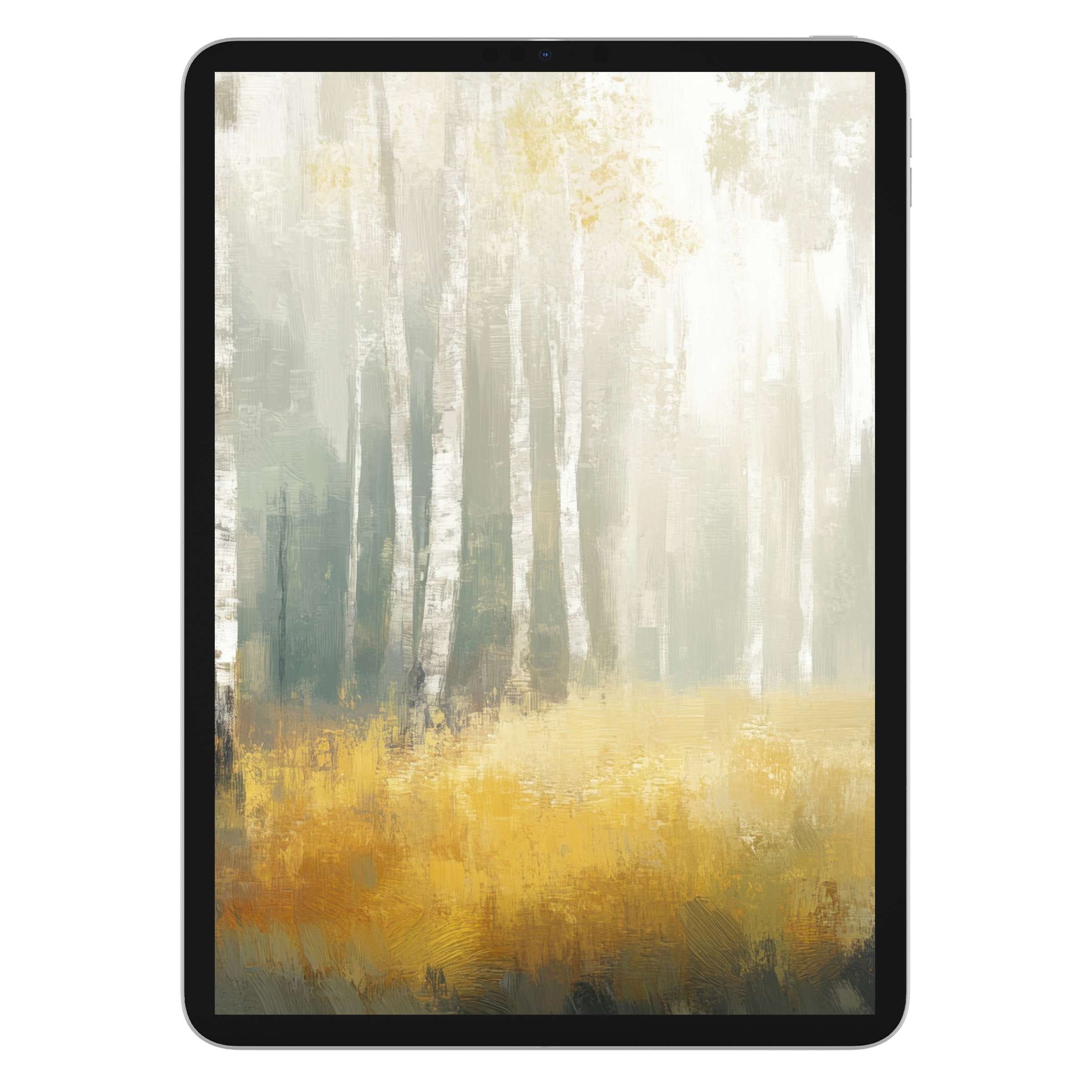 Tranquil tree iPad wallpaper with misty birch forest, digital download for calming tablet background, perfect for design lovers
