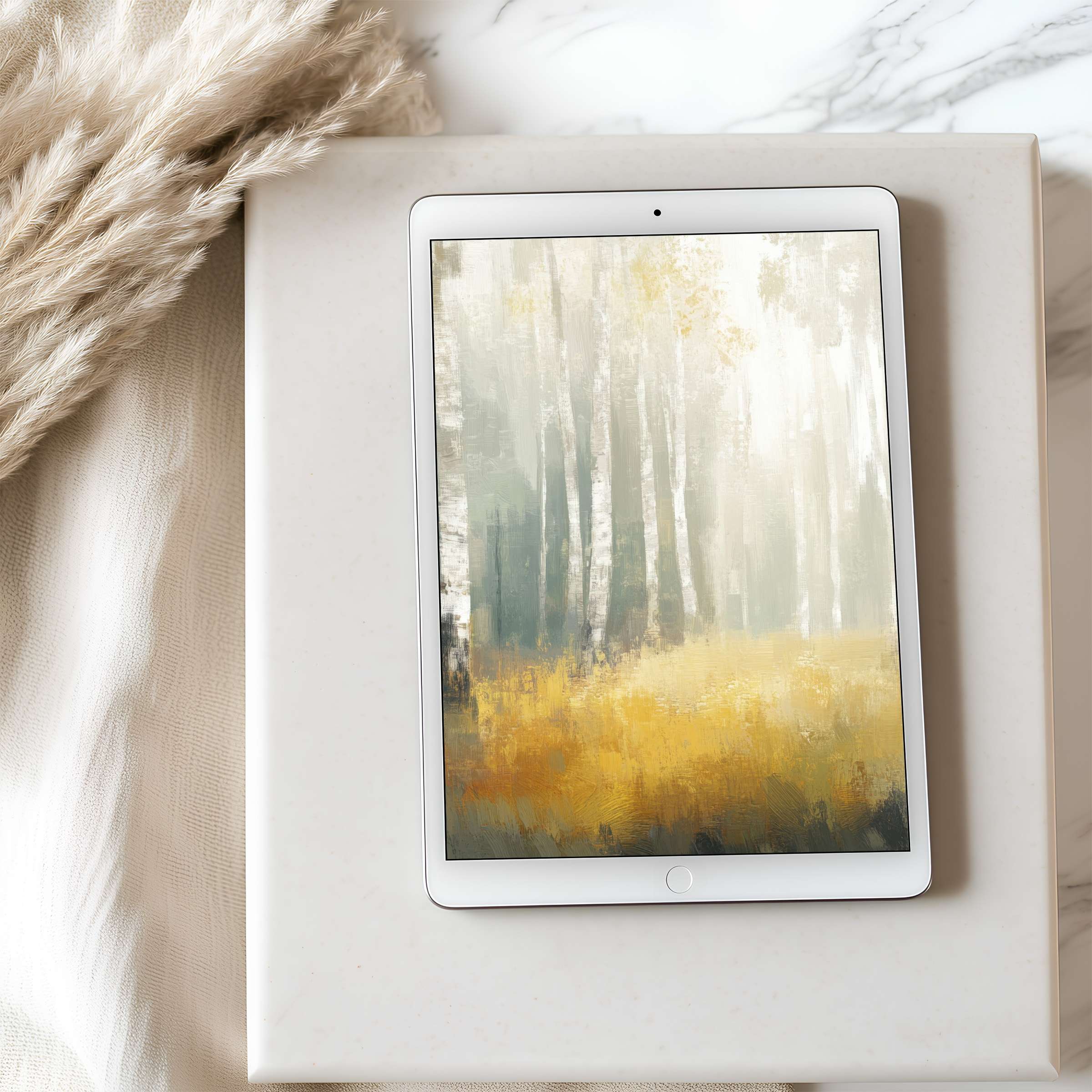 Elegant birch forest painting with warm yellow hues as a tablet wallpaper adds tranquility to your iPad, ideal for digital download