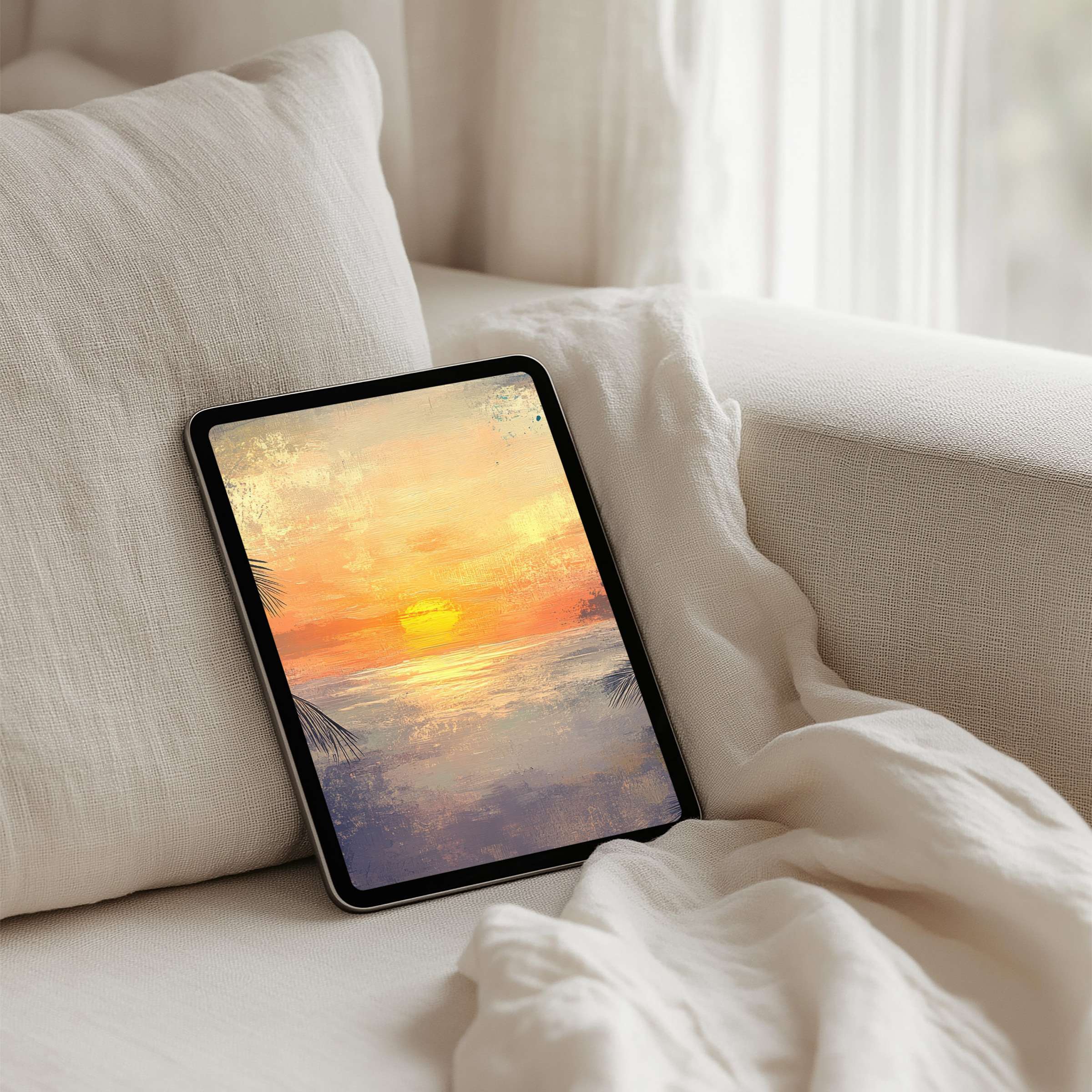 Serene iPad background capturing a tranquil sunset over the ocean offers instant download for tablets, inspiring calm and elegance