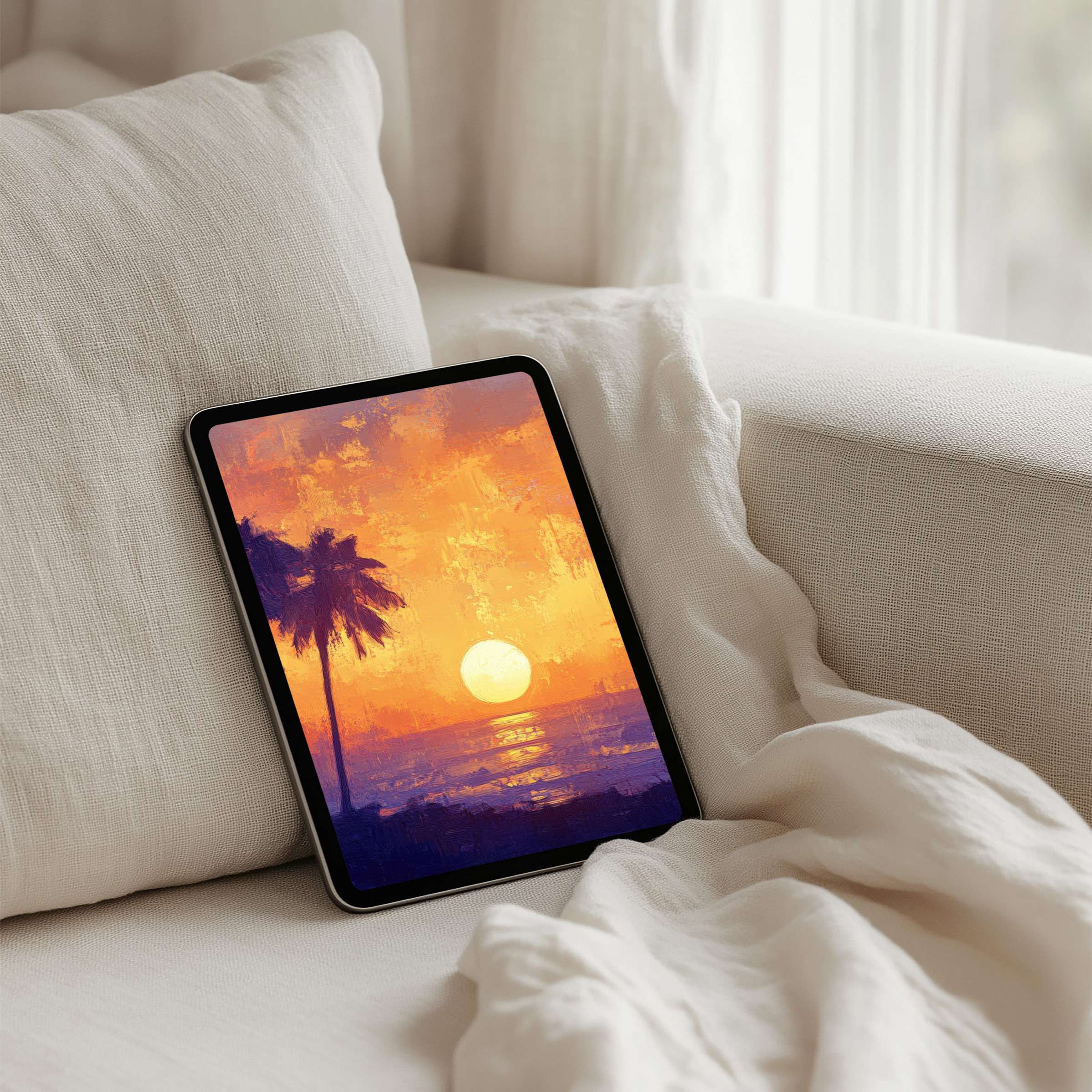Calm sunset digital art iPad background with palm, ideal for mindful elegance on tablet screens, instant download for serenity