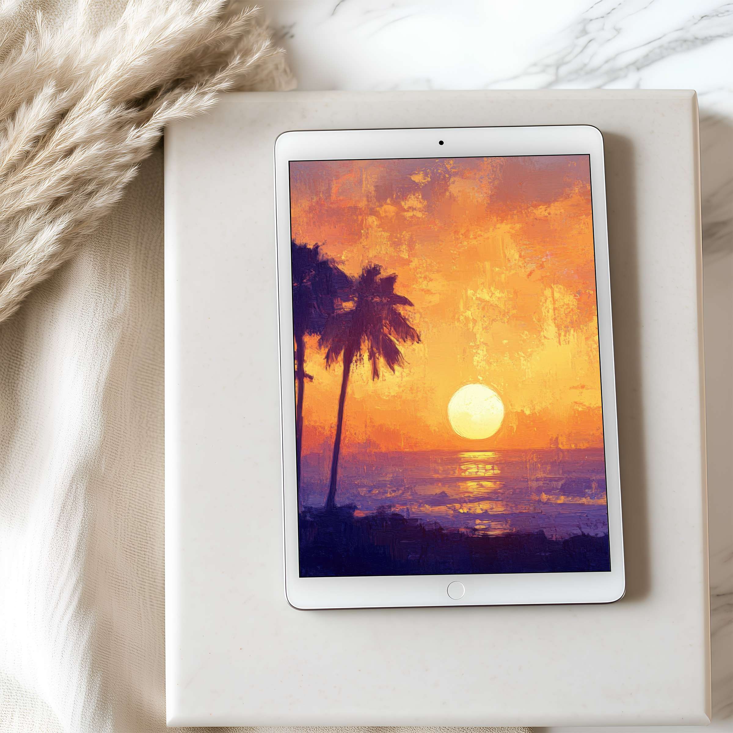 Elegant tablet wallpaper featuring a serene sunset with palm trees in vibrant hues, ideal for high-resolution iPad and digital download