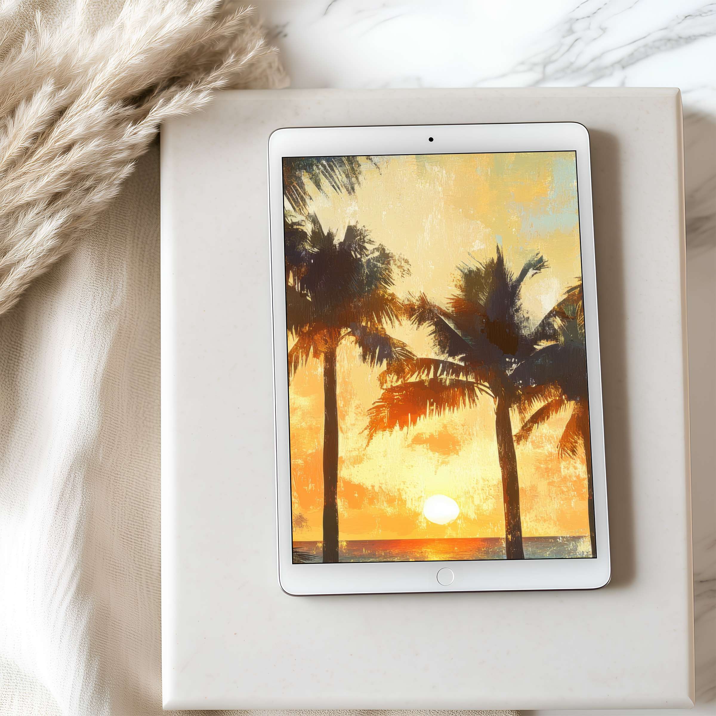 Elegant tablet wallpaper with tropical sunset and palm motifs, perfect for iPad digital download, curated for a tranquil ambiance