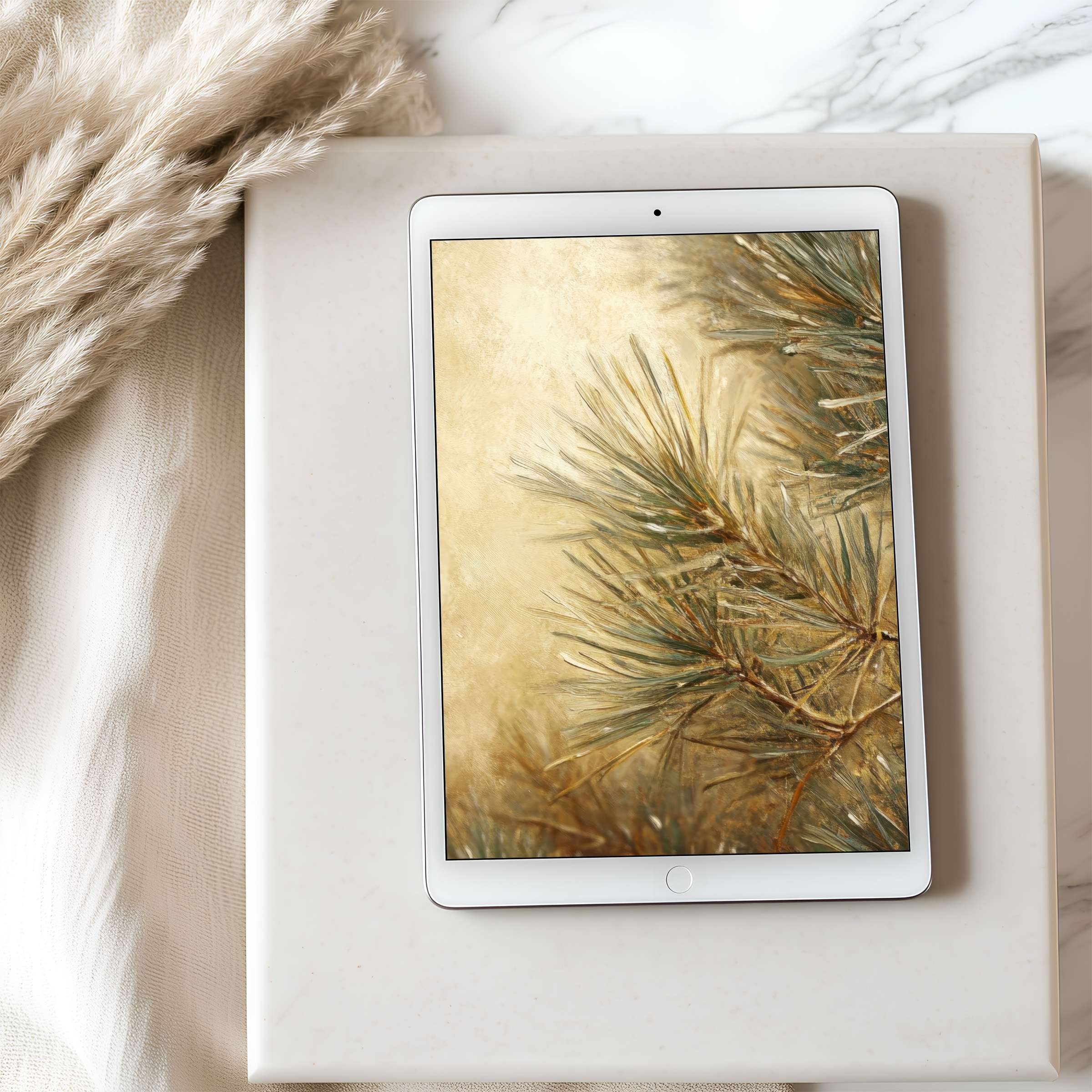 Elegant pine branch tablet wallpaper in soft earthy tones perfect for iPad high resolution display offering tranquility and style