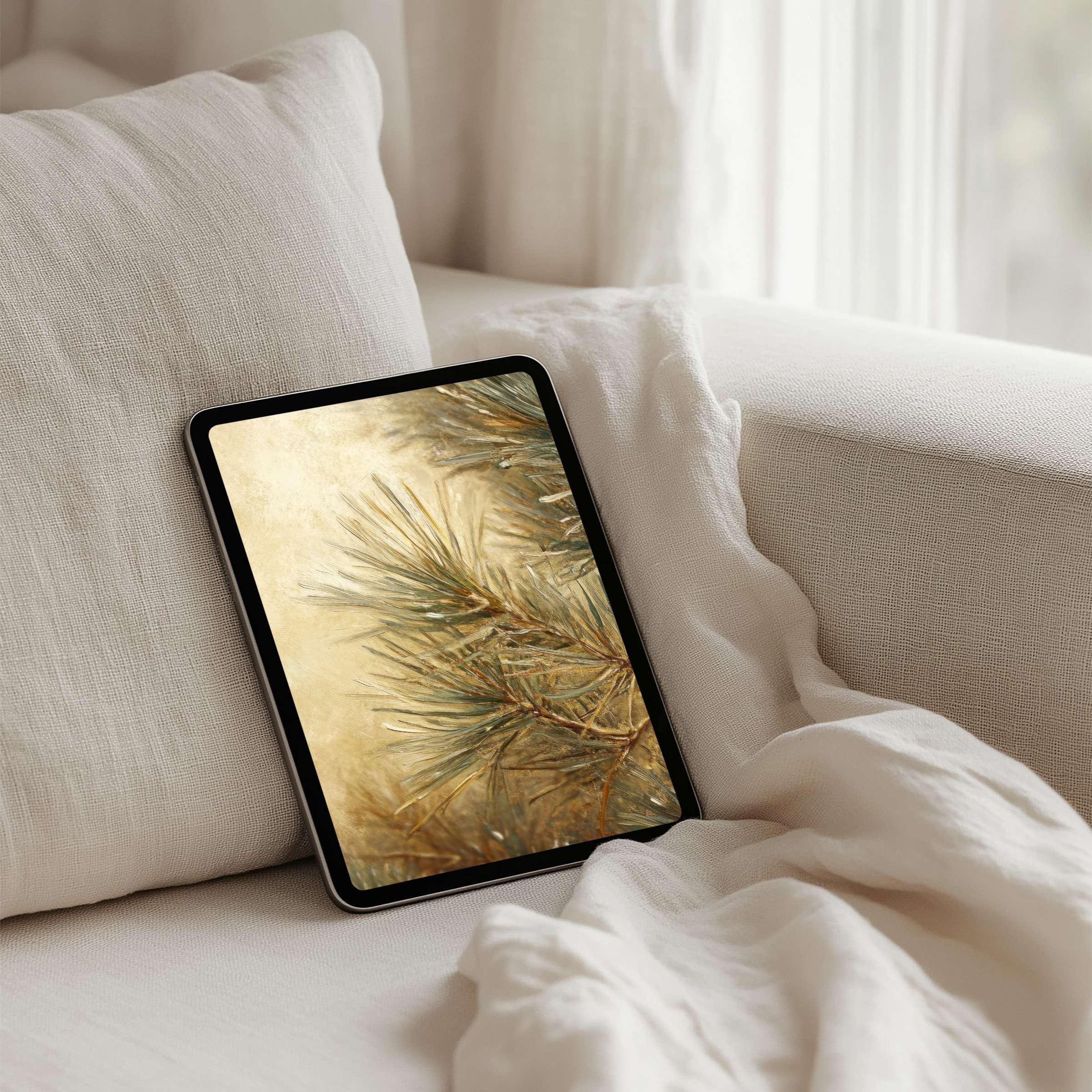 Elegant pine branch art iPad background offering instant download for tablet users seeking calm and inspiration in their digital space