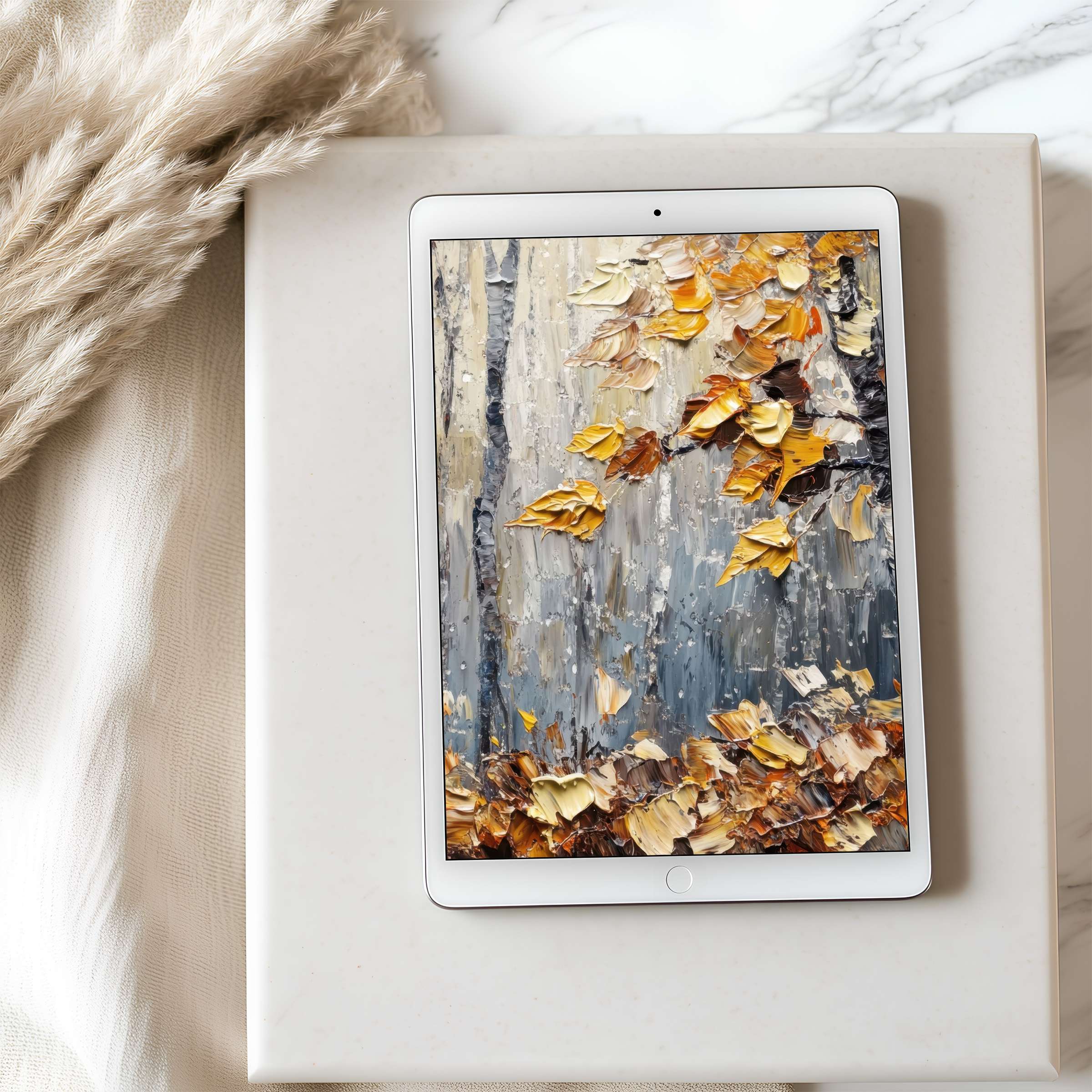 Whimsical autumn landscape tablet wallpaper with textured brushstrokes, perfect for iPad and Android tablets, offering a serene digital download