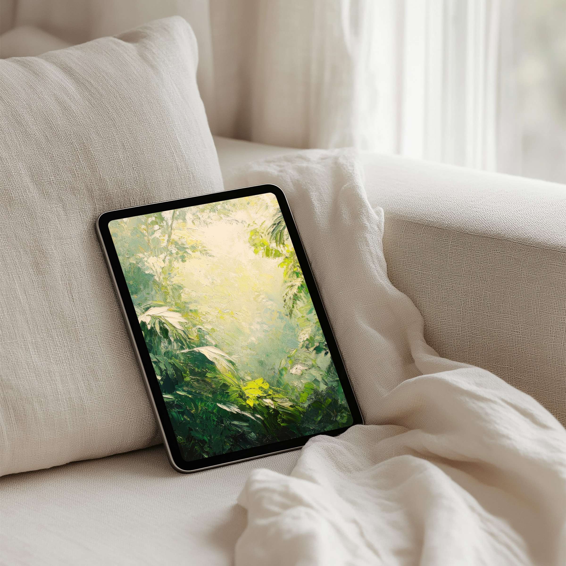 Serene green forest iPad background offering calm and elegance fits Samsung and Android tablets perfect for instant download inspiration