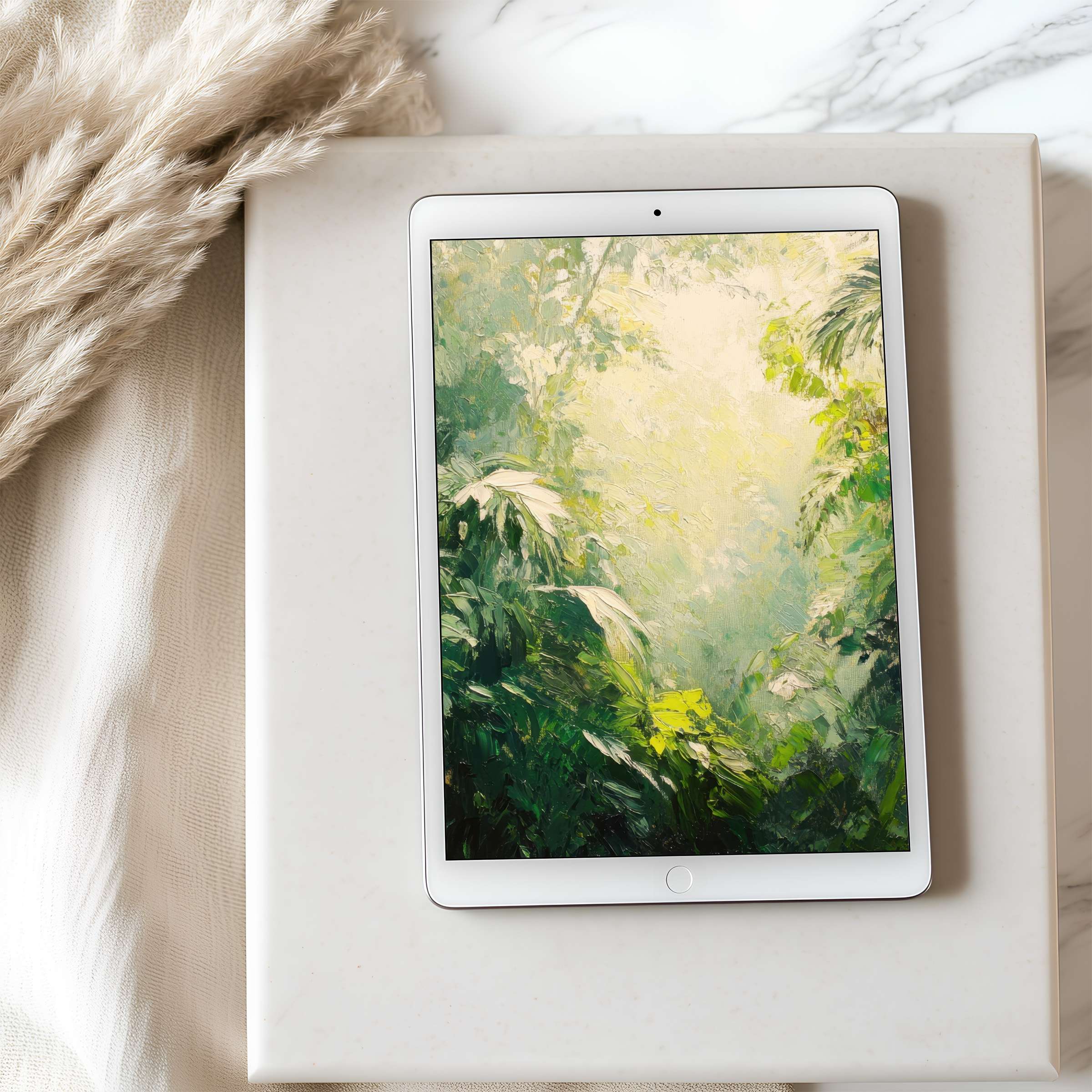 Elegant tablet wallpaper with a serene, lush forest painting perfect for iPad and Android high-resolution displays digital download suitable