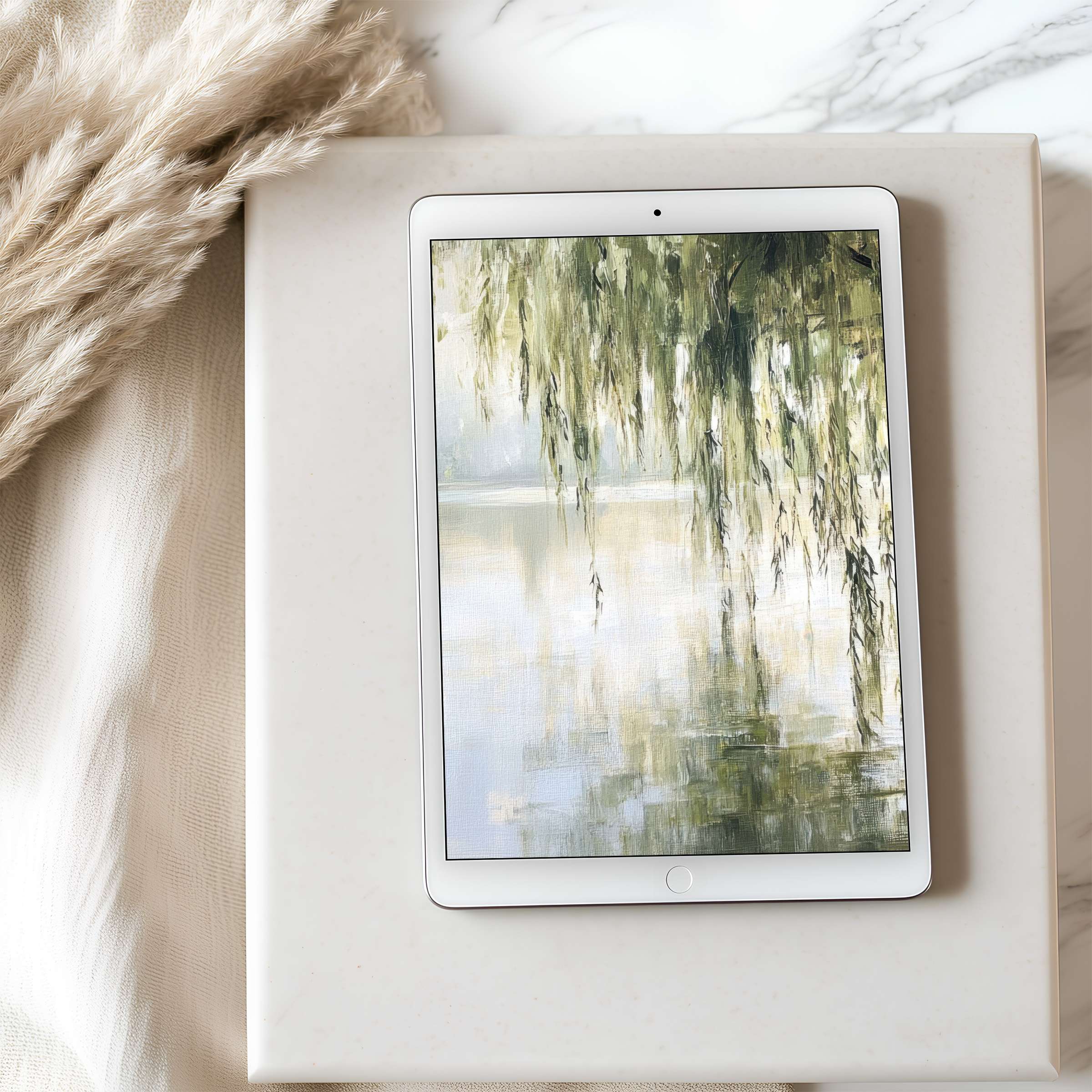 High resolution tablet wallpaper of serene landscape painting with willow branches, perfect for iPad and Android, digital download for elegant decor