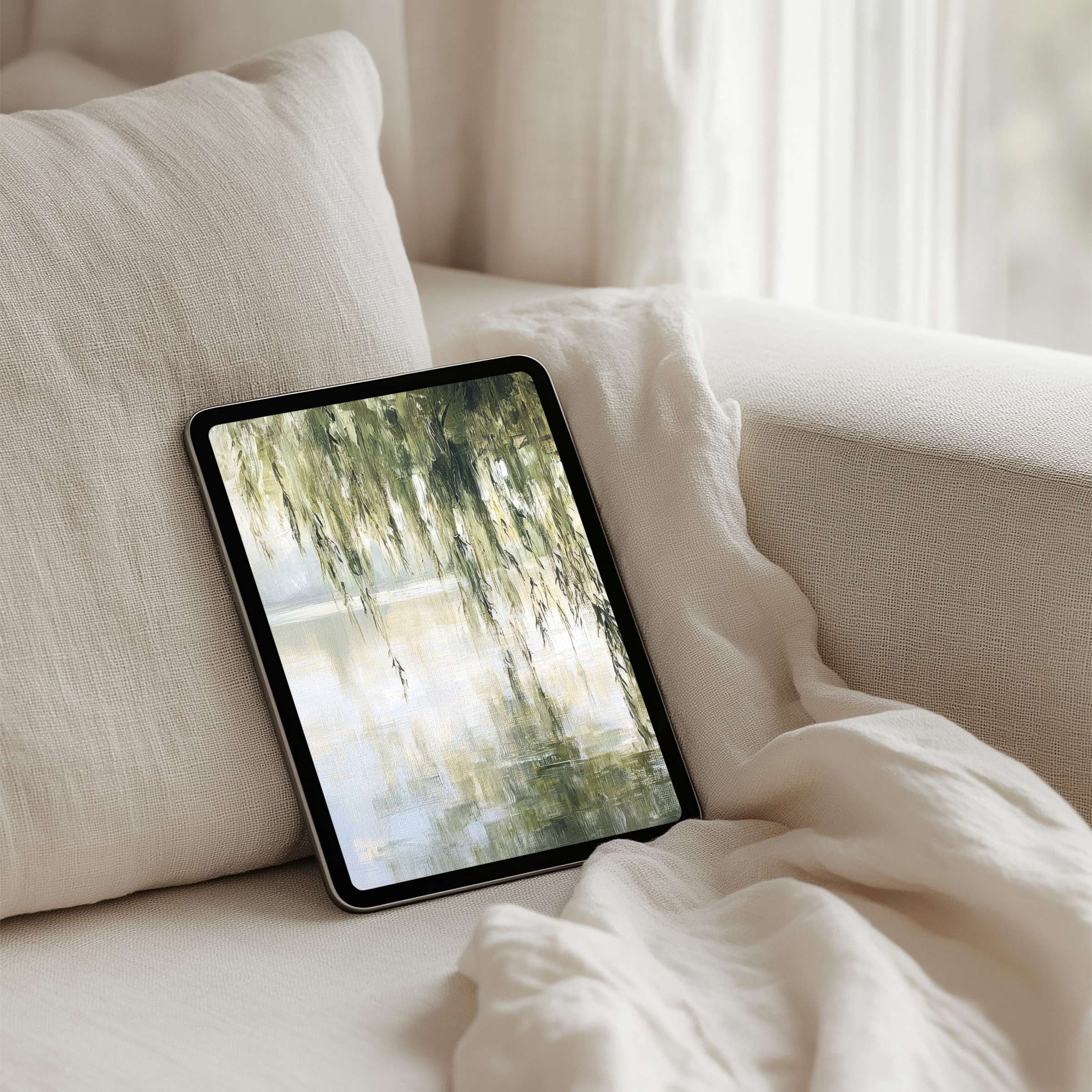 Elegant iPad background featuring serene willow reflections for instant download on any tablet provides calming inspiration and mindfulness