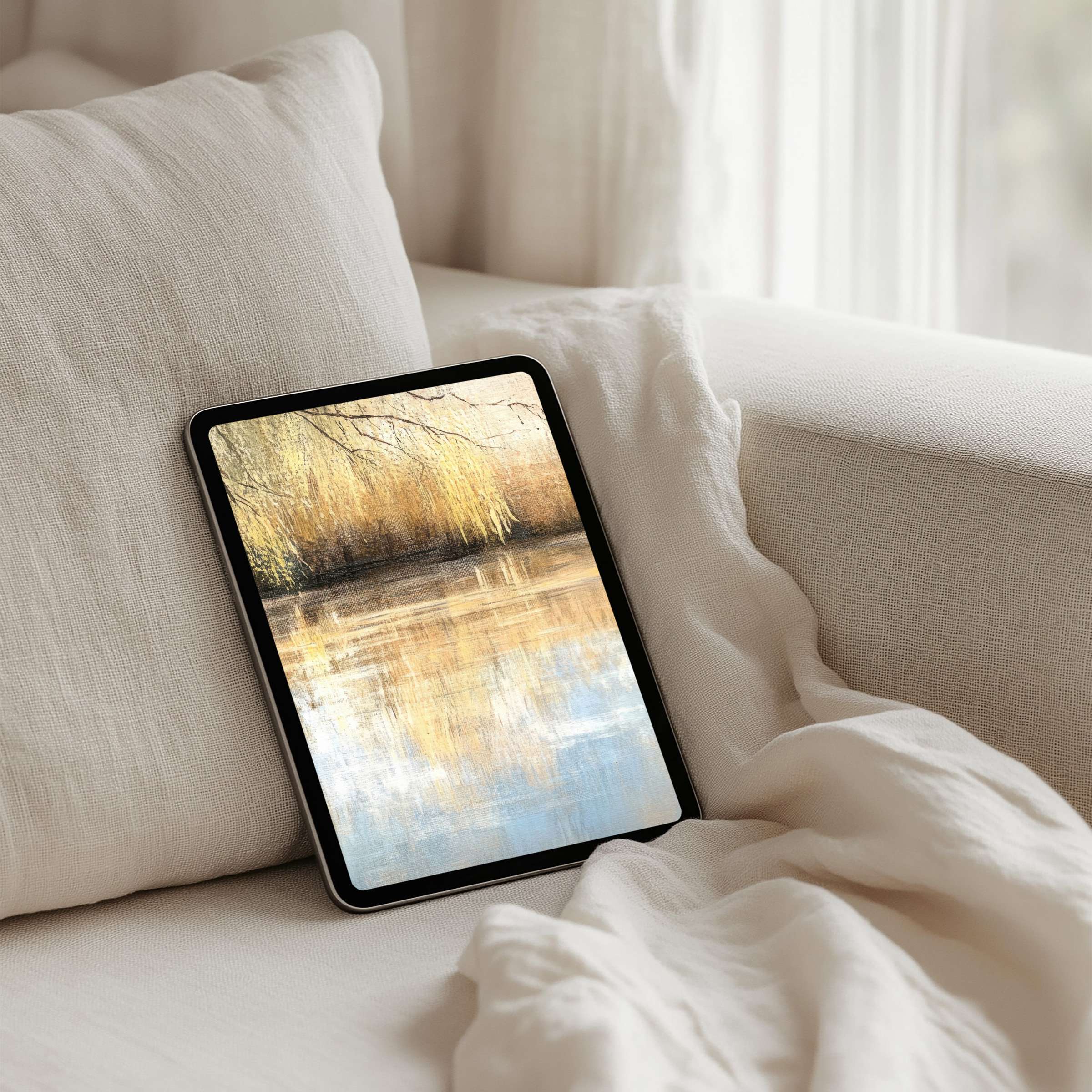 Serene iPad background featuring soft, golden reflections on water for tablets, offering instant download for a calming ambiance