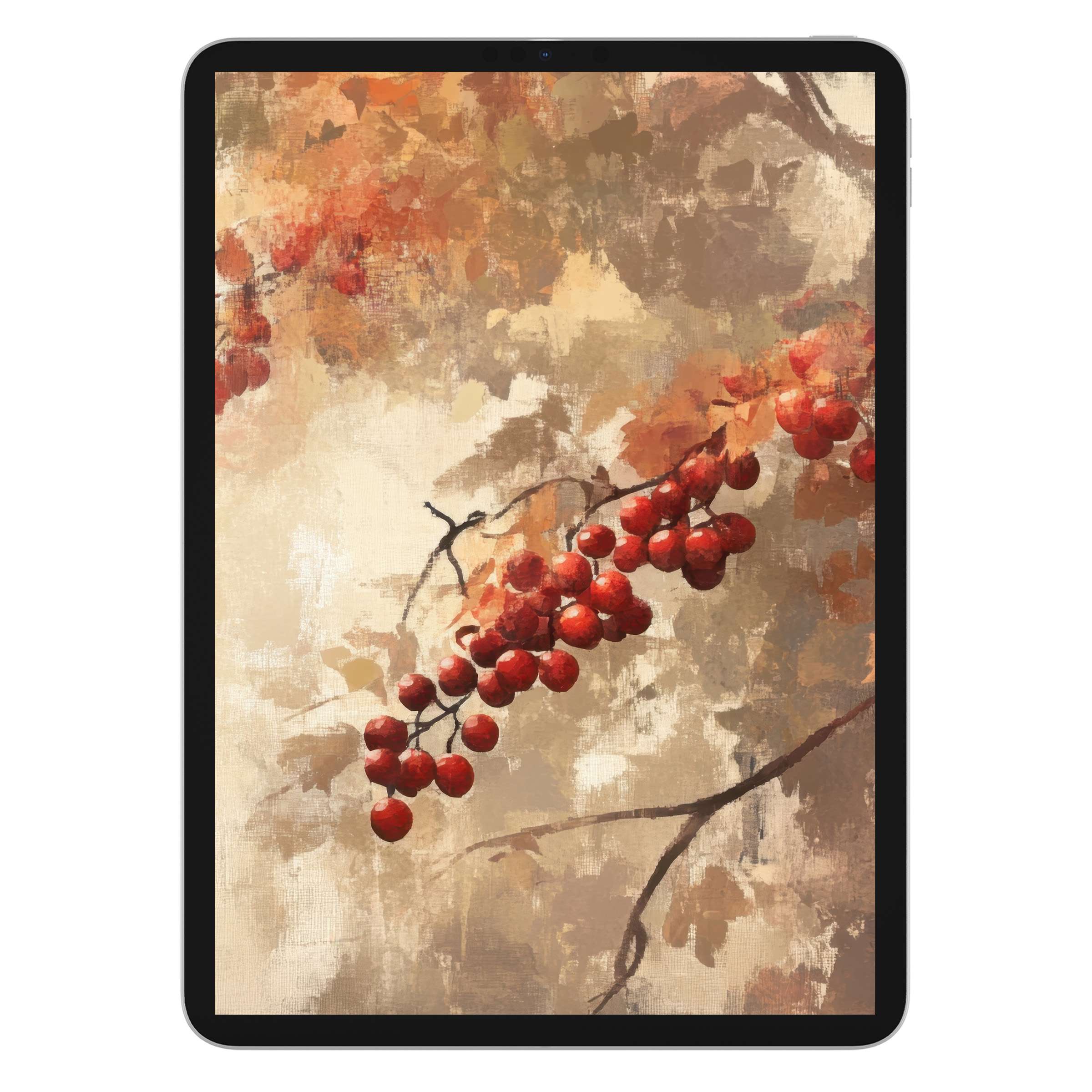 Elegant tree iPad wallpaper featuring red berries and autumn leaves in warm hues, perfect digital download for serene tablet background