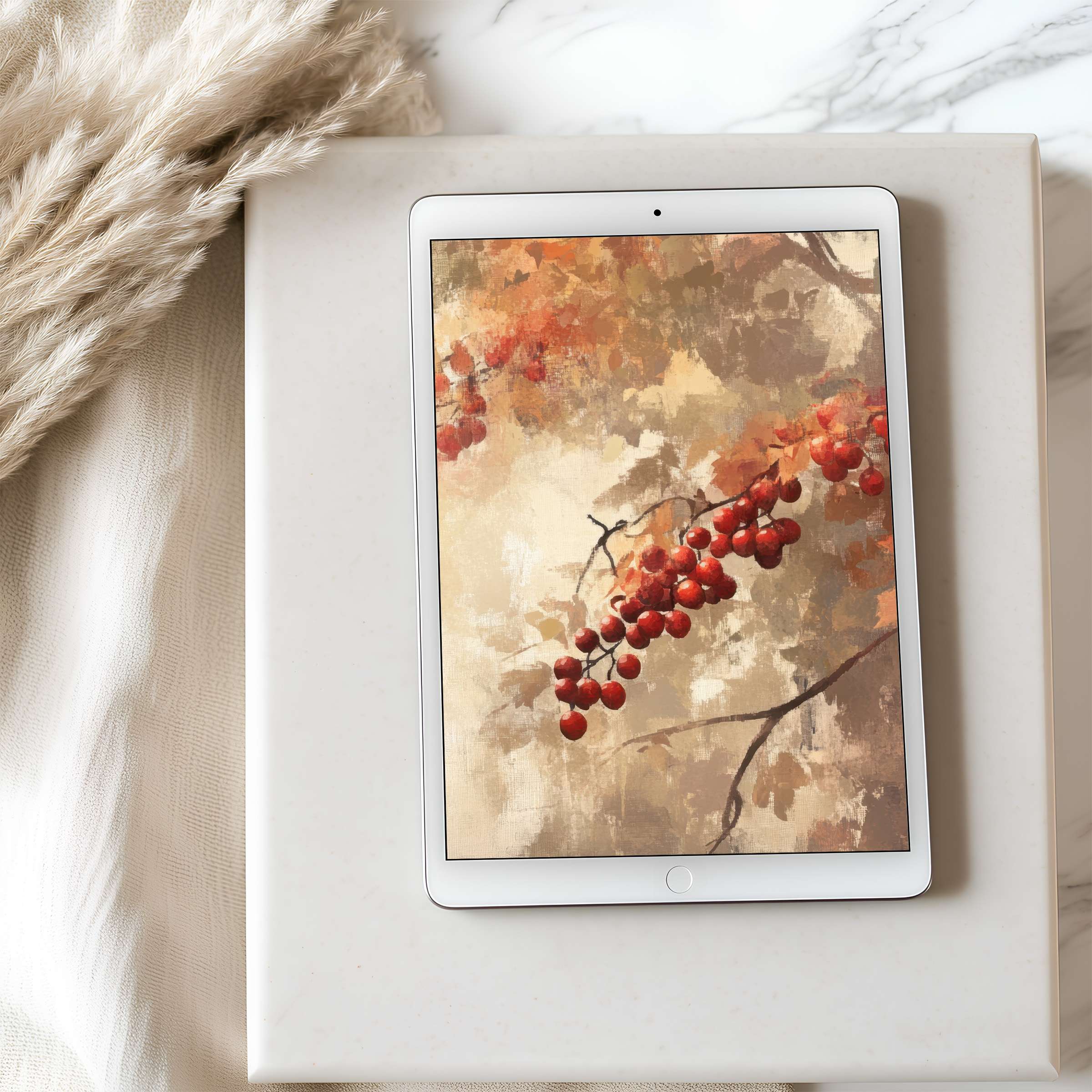 Elegant tablet wallpaper featuring autumn leaves and red berries in a soft palette offers a calming digital download for iPads