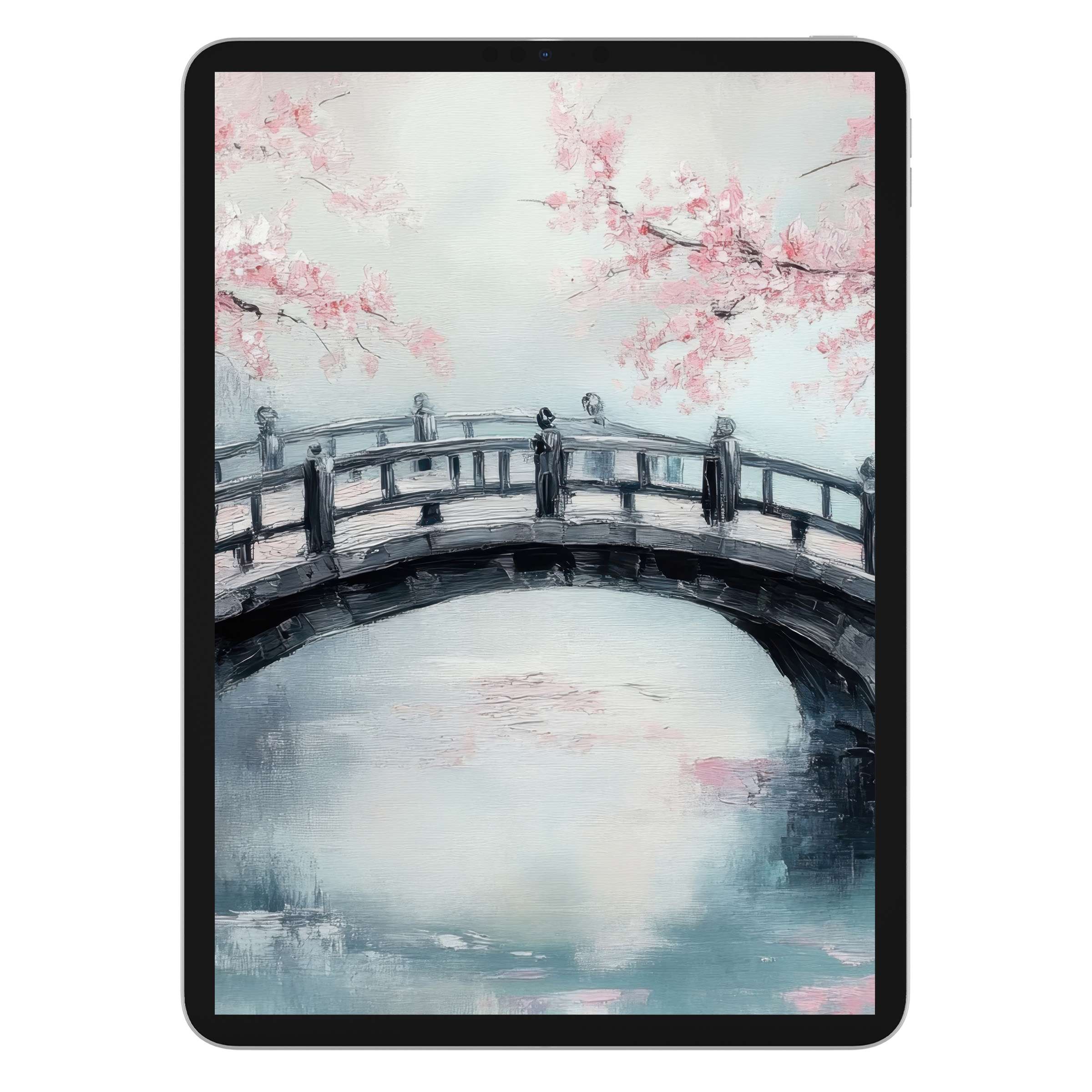 Tranquil tree iPad wallpaper featuring pastel cherry blossoms and bridge in soothing watercolor style, perfect tablet background digital download