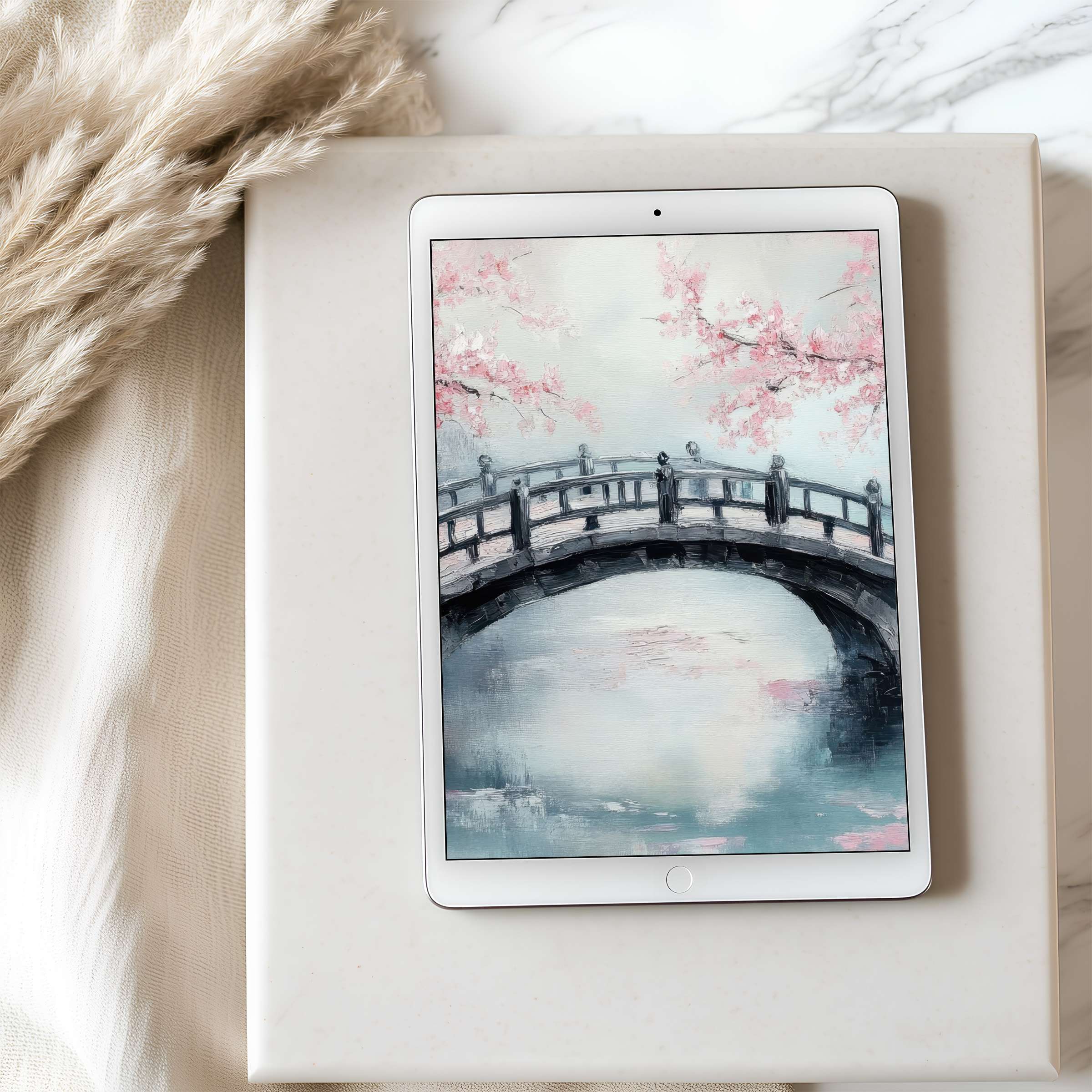 Elegant bridge over serene waters with cherry blossoms tablet wallpaper offers high resolution aesthetic for iPad and Android users