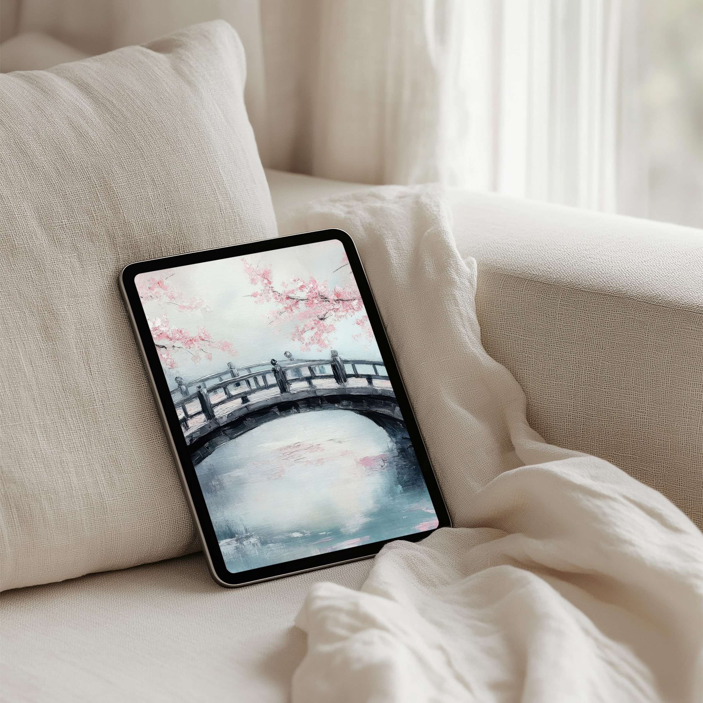 Elegant iPad background featuring serene watercolor bridge scene with cherry blossoms instant download for tablets creating calm inspiration