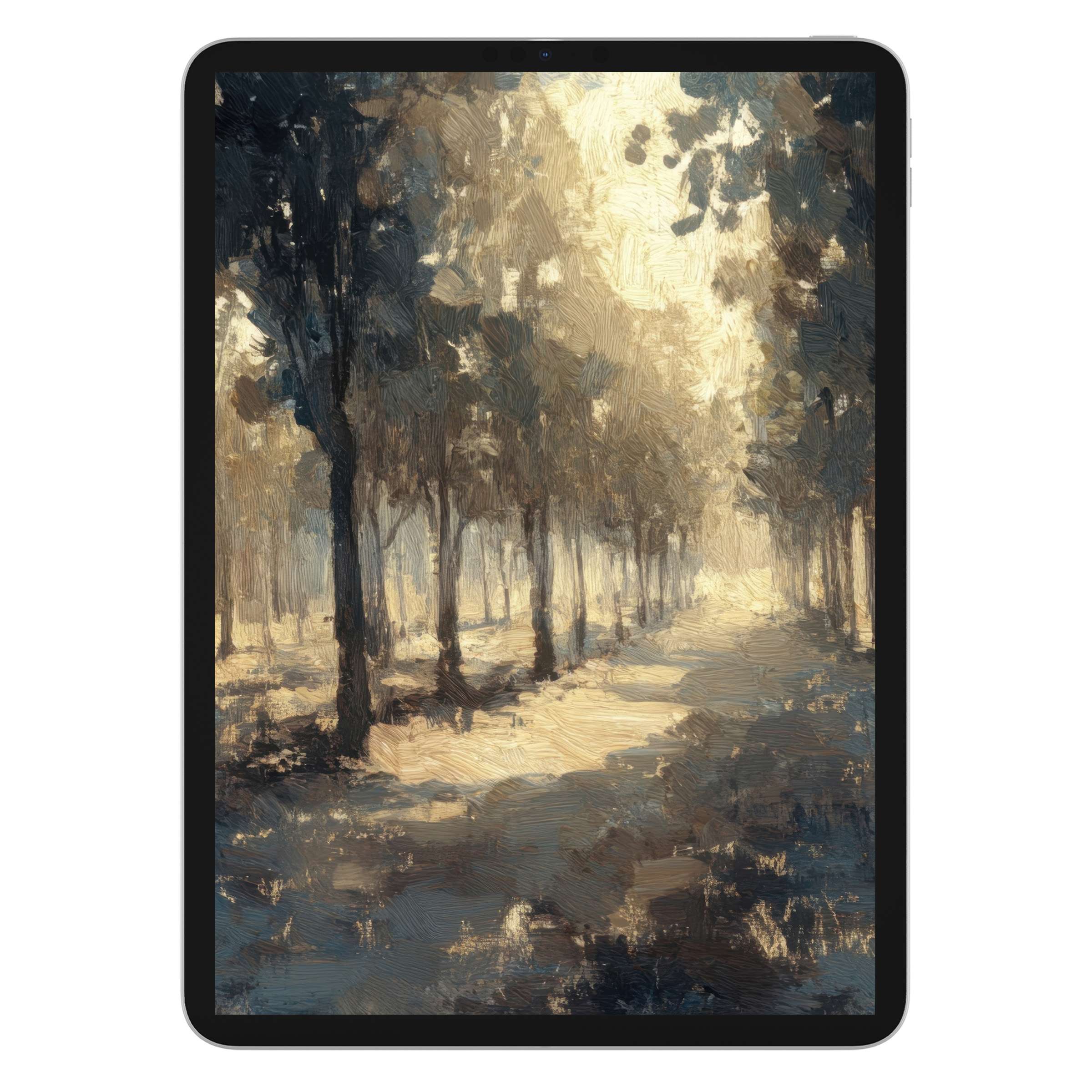 Elegant tree iPad wallpaper offers a serene digital download for tablets, with textured forest background, perfect for calm design