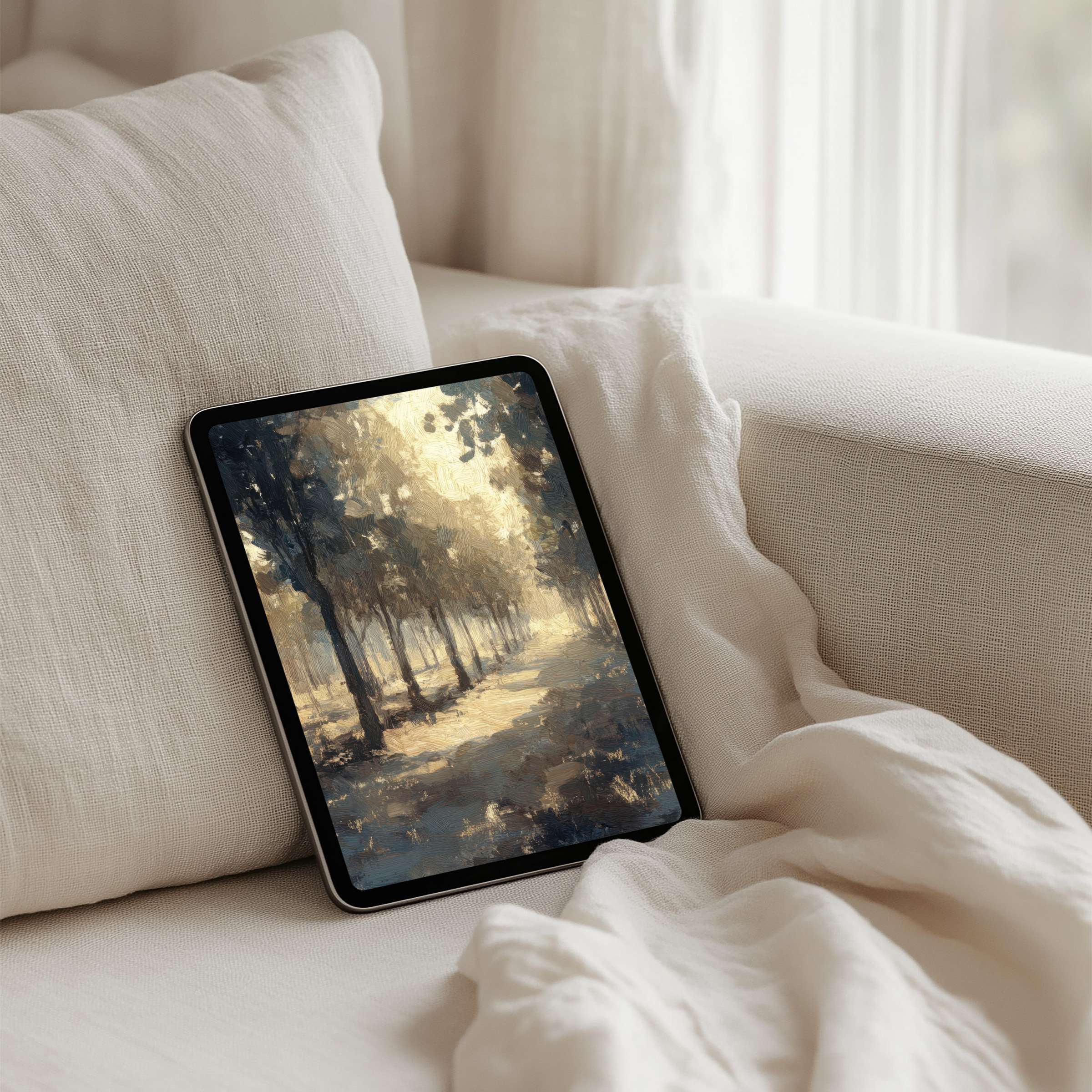 Elegant iPad background featuring a serene landscape painting for instant download, perfect for tablet users seeking calm inspiration