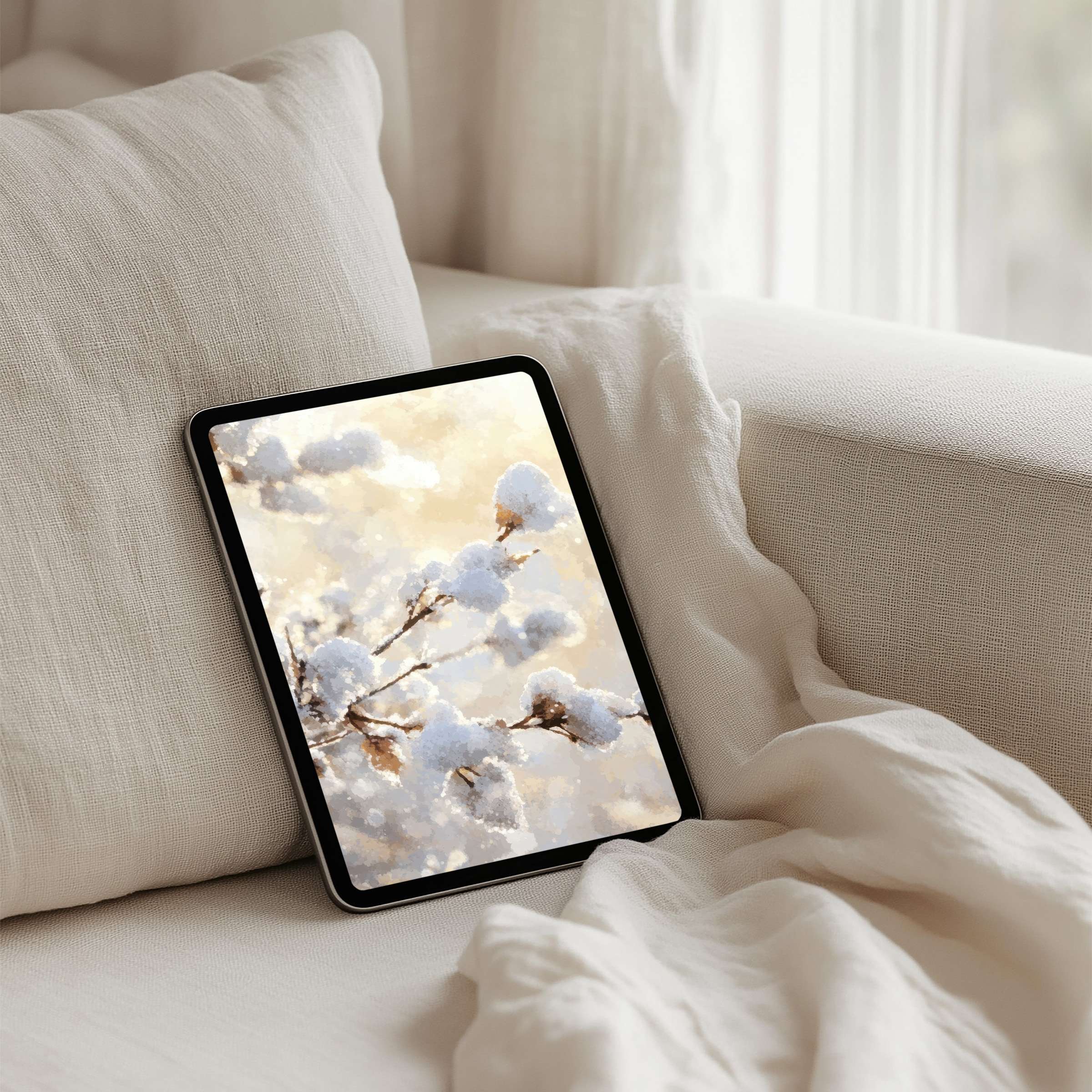 Snowy branches iPad background on a cozy sofa setting offers tranquil inspiration with instant download for tablet ease and elegance