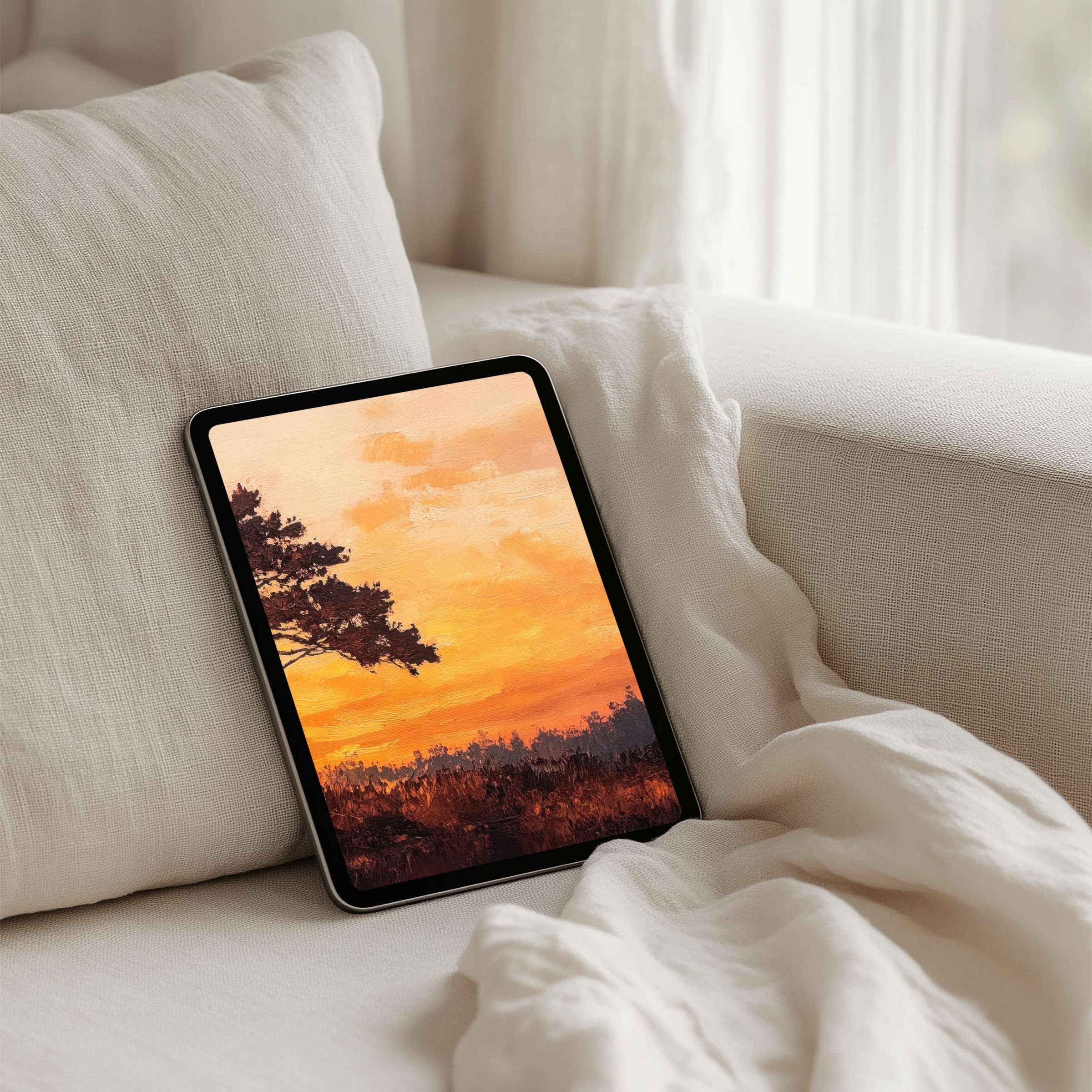 Serene sunset iPad background for instant download enhances tablet with elegant art inspiring calm and mindfulness at home