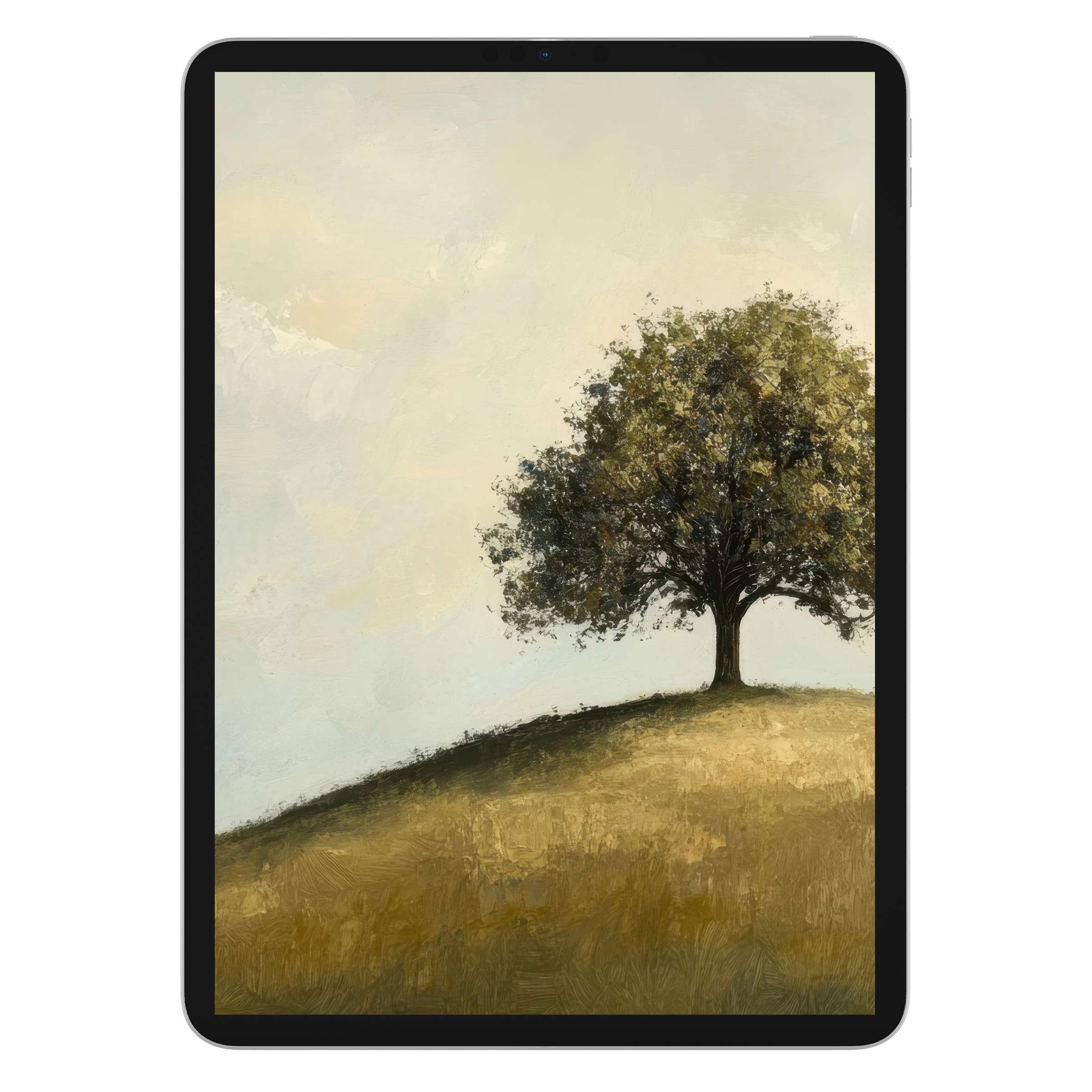 Elegant digital download of a solitary tree iPad wallpaper, offering a calming background for any tablet with a serene, textured style