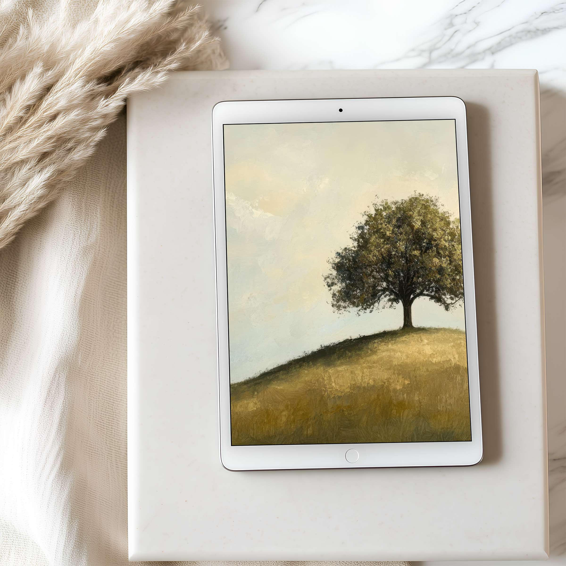Elegant tablet wallpaper featuring a serene landscape with a solitary tree, perfect for iPad or Android, digital download