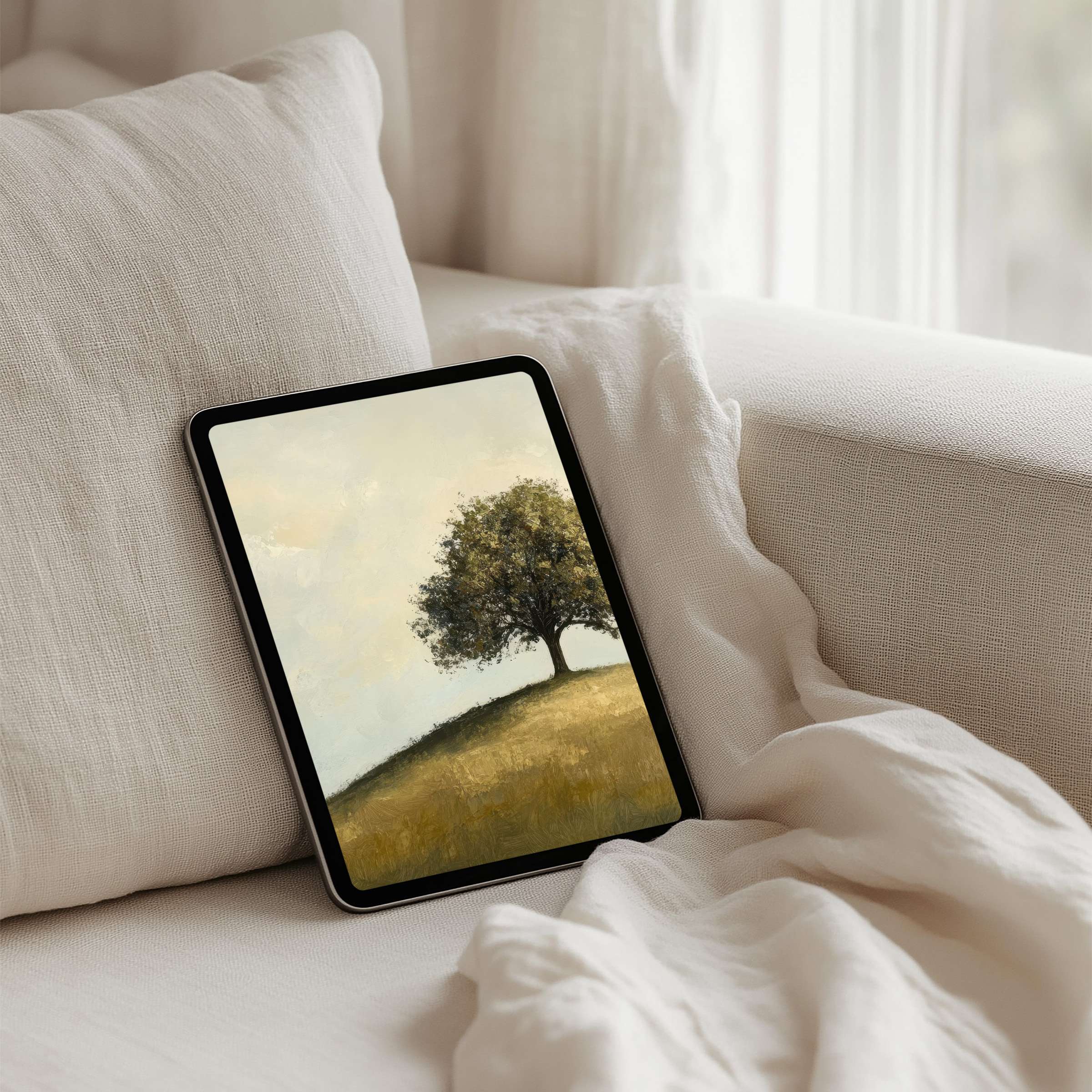 Graceful tree on a serene hill iPad background brings calm inspiration to your tablet instant download for elegant mindfulness