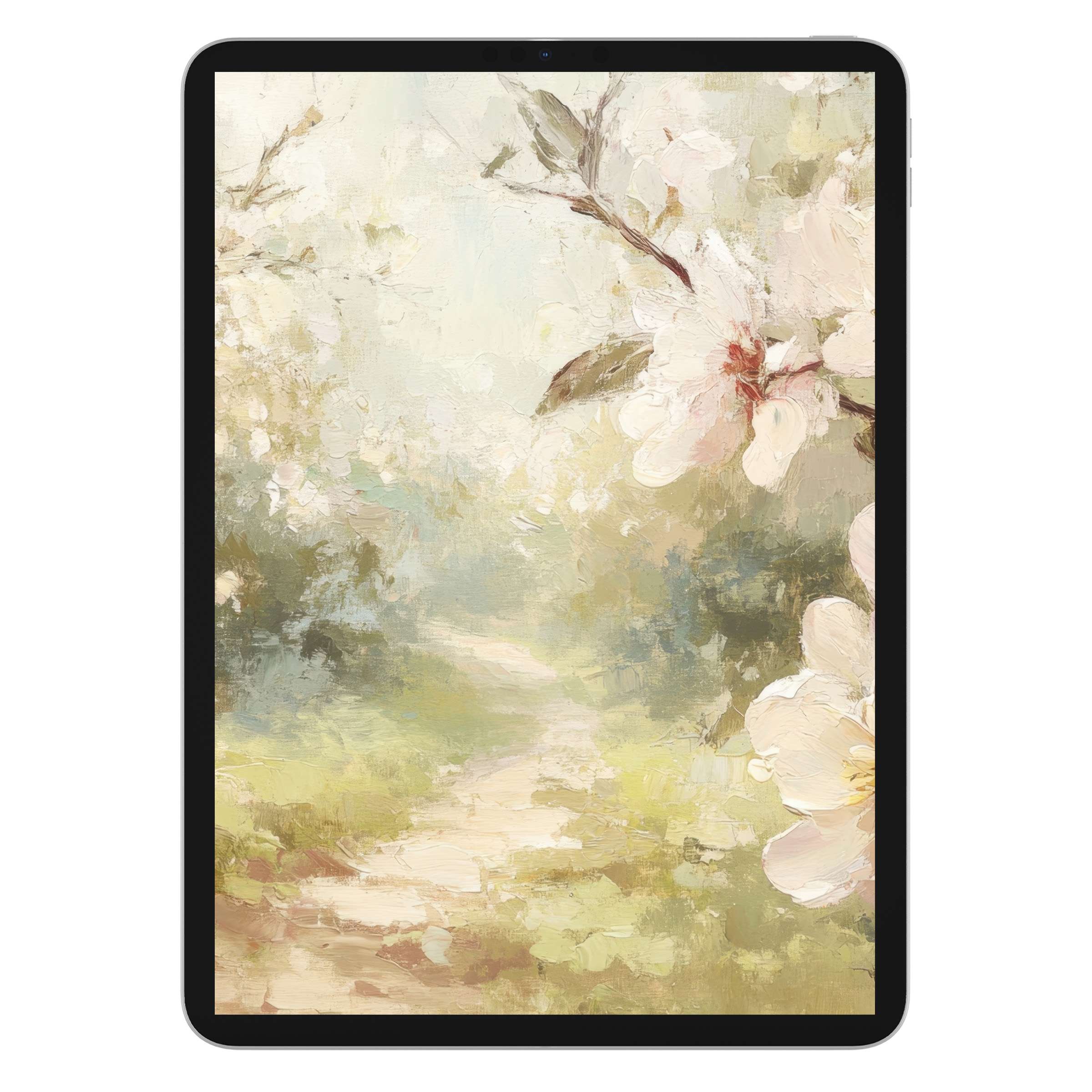 Elegant tree iPad wallpaper digital download with soft floral background; serene brushstrokes perfect for tablet and eco-friendly art