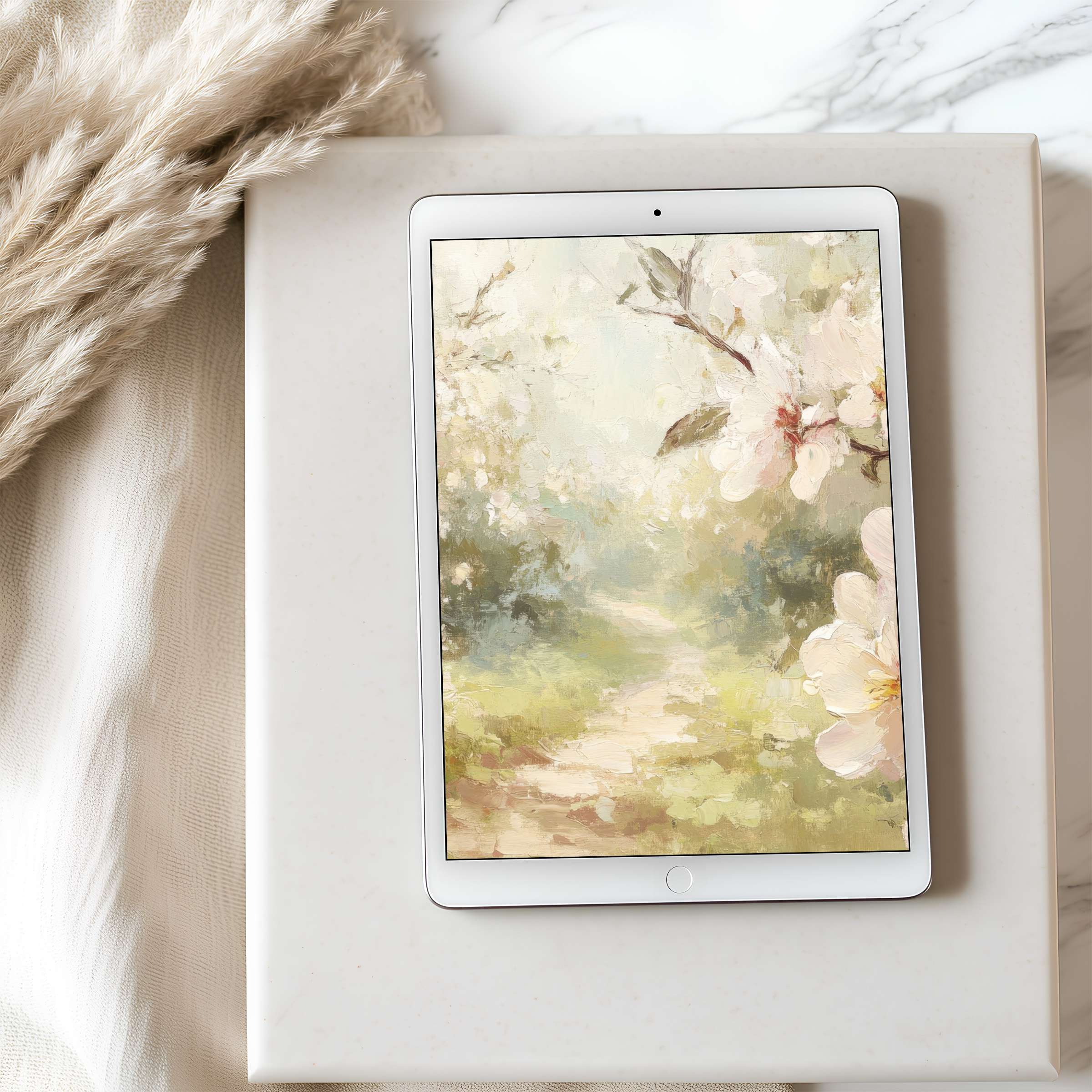 Elegant tablet wallpaper featuring serene floral artwork in soft pastels suitable for iPad high resolution digital download