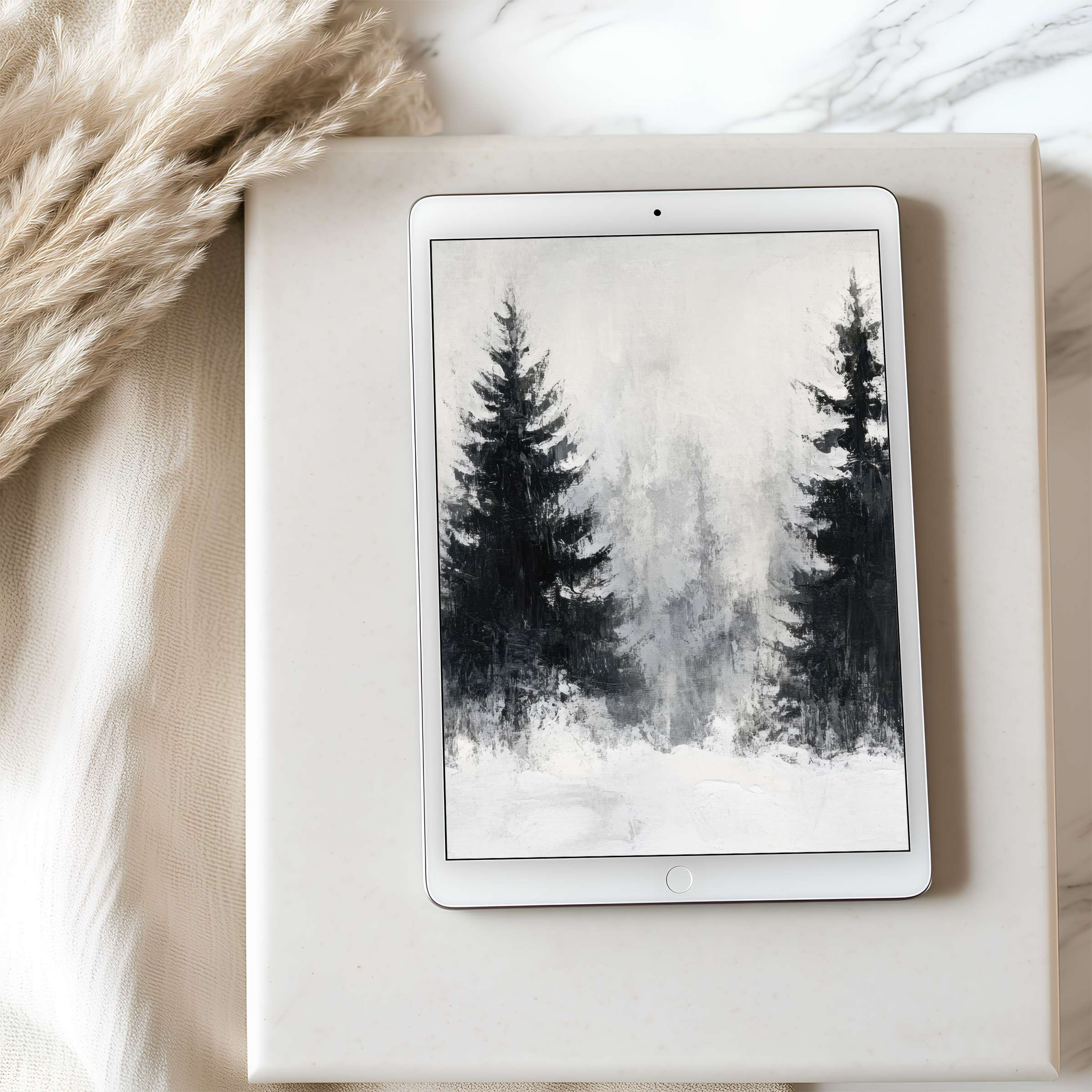 Elegant tablet wallpaper featuring minimalistic forest artwork in monochrome, ideal for high resolution iPad download, calming decor