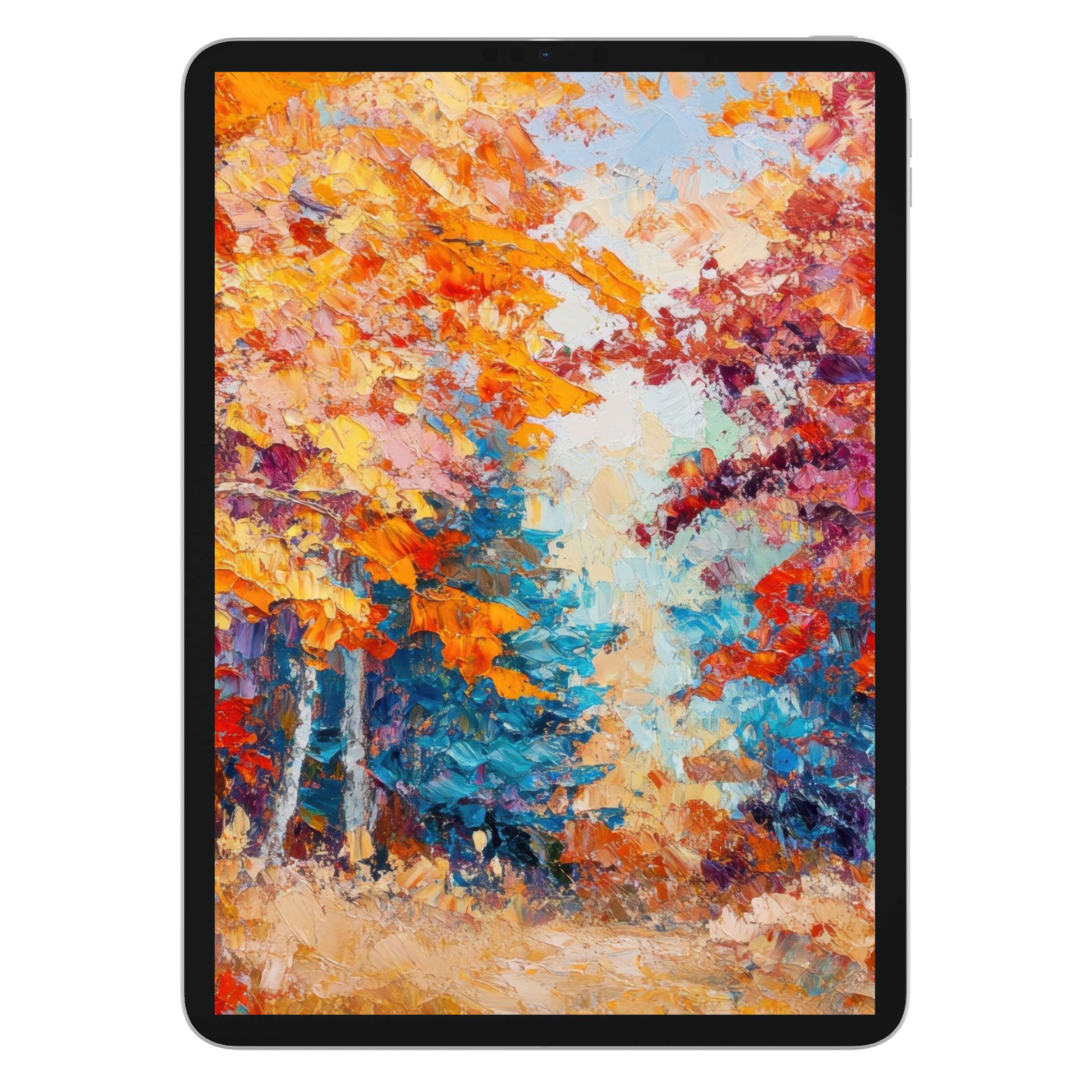 Vibrant abstract autumn scene with colorful trees and textured brushstrokes for tree iPad wallpaper, ideal tablet background digital download