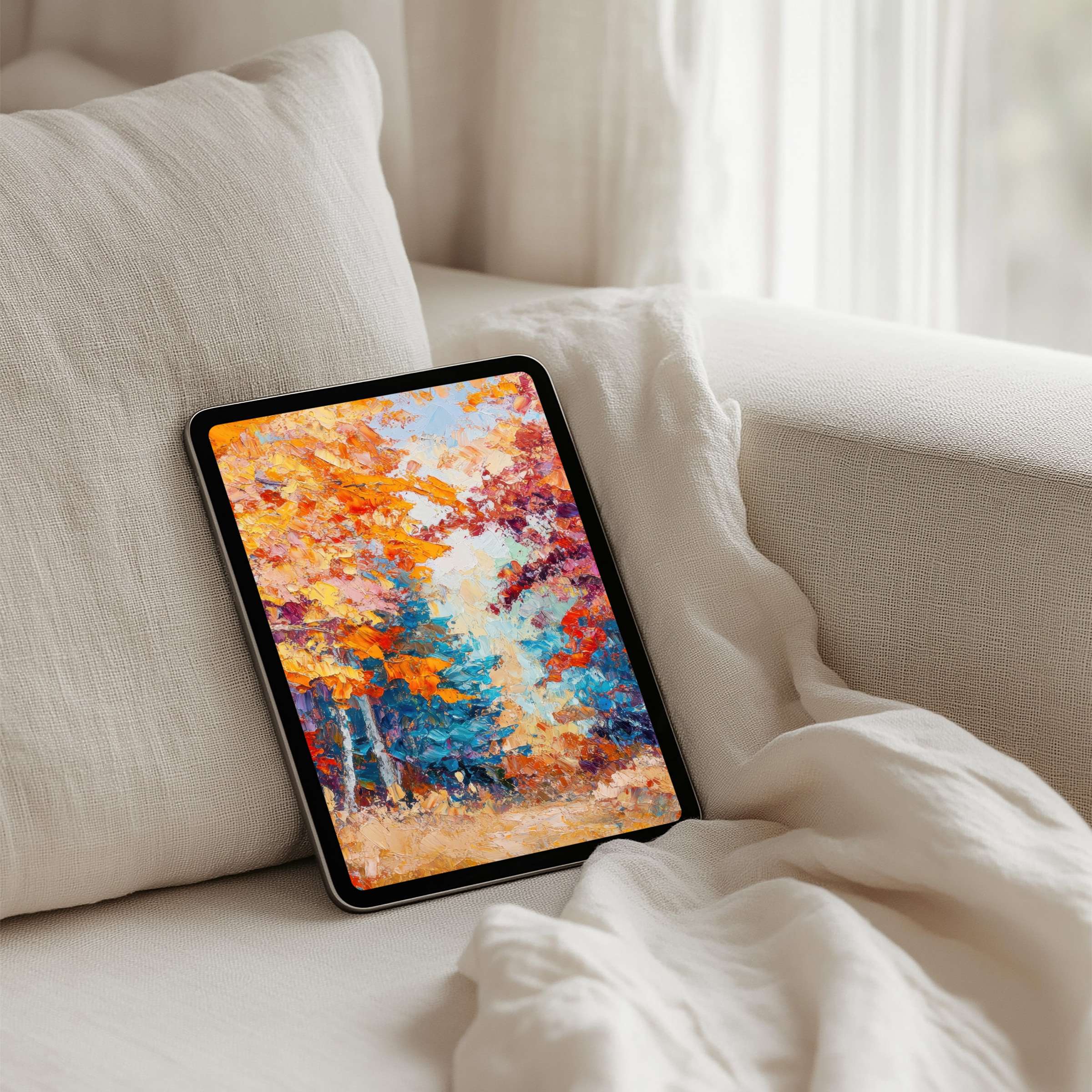 Elegant abstract autumn forest painting iPad background for instant download brings calm inspiration to any tablet device