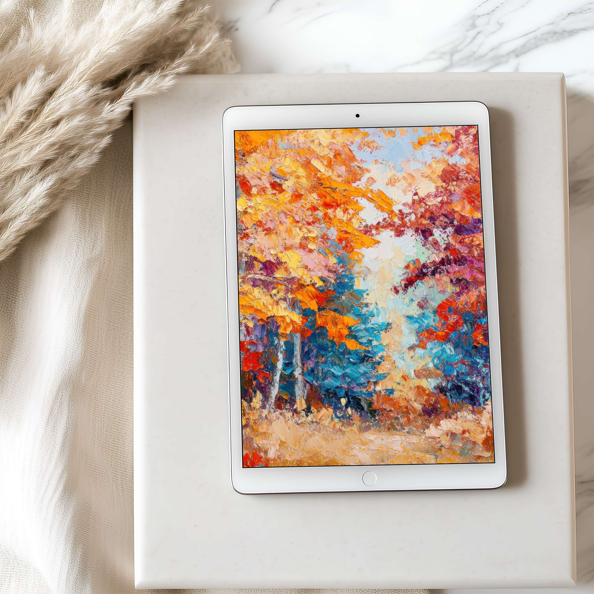 Serene tablet wallpaper with vibrant autumnal forest in high resolution, ideal for iPad or Android digital download to enhance calm spaces