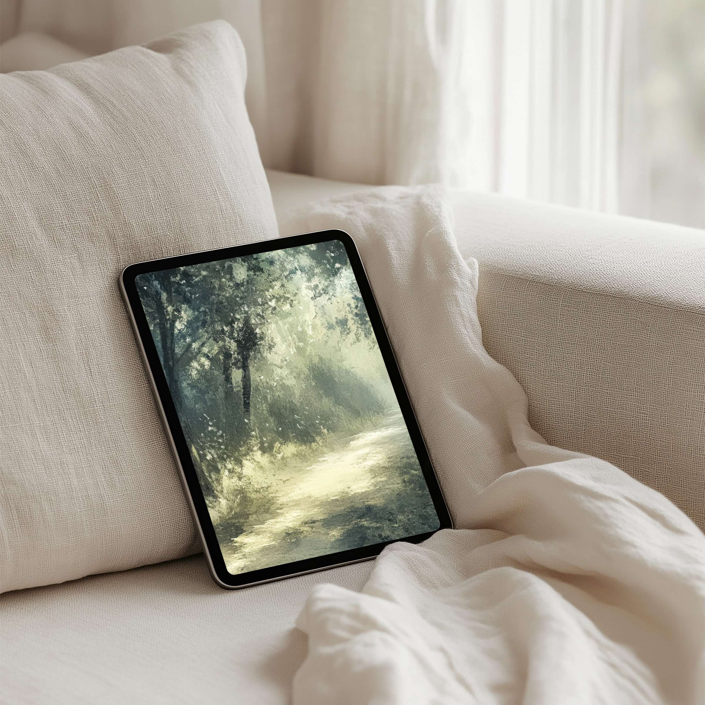 Calming forest iPad background in soft hues inspires mindfulness and elegance perfect for tablet instant download tranquility