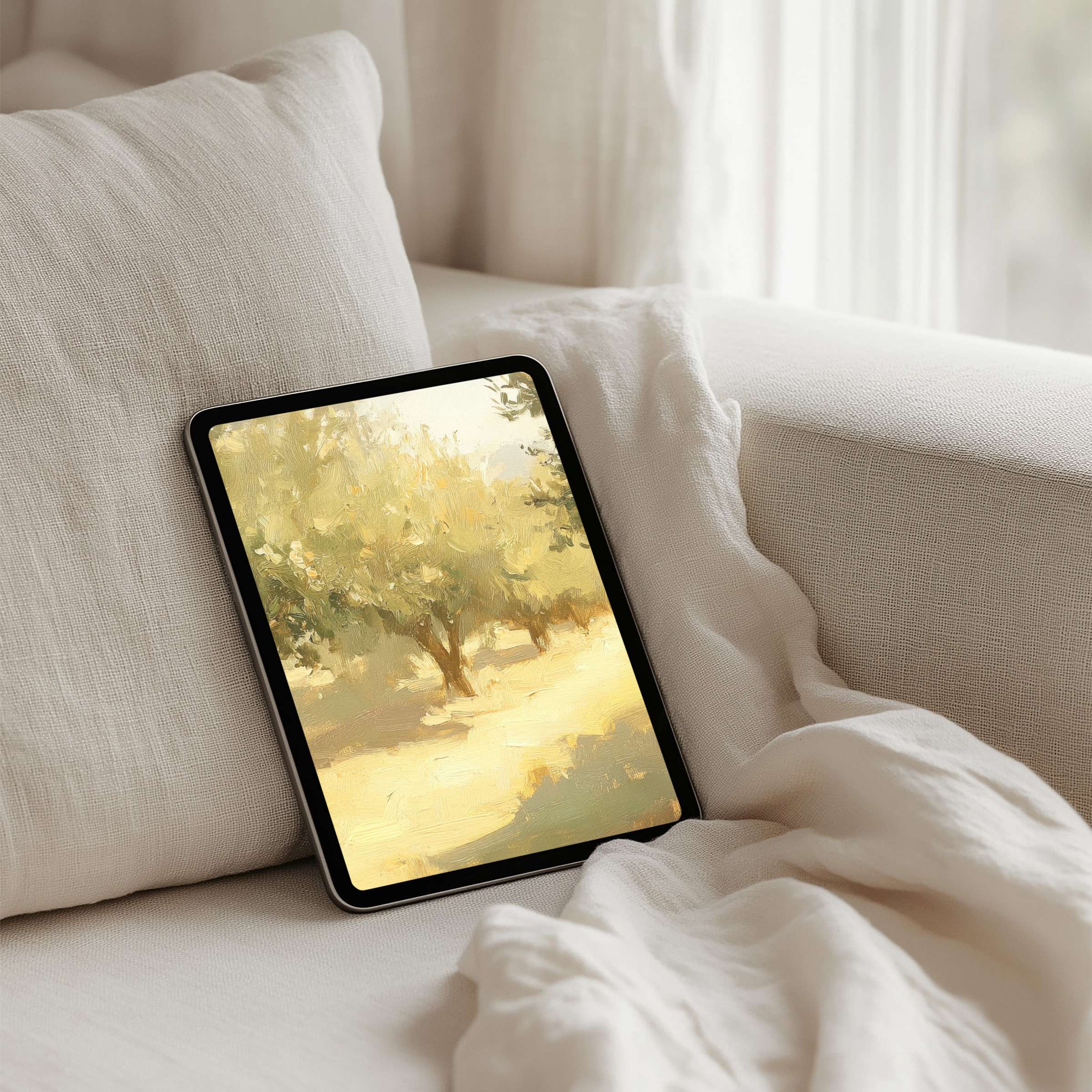 Serene iPad background with soft brushstroke trees in warm tones for instant download on any tablet inspiring elegance and calm