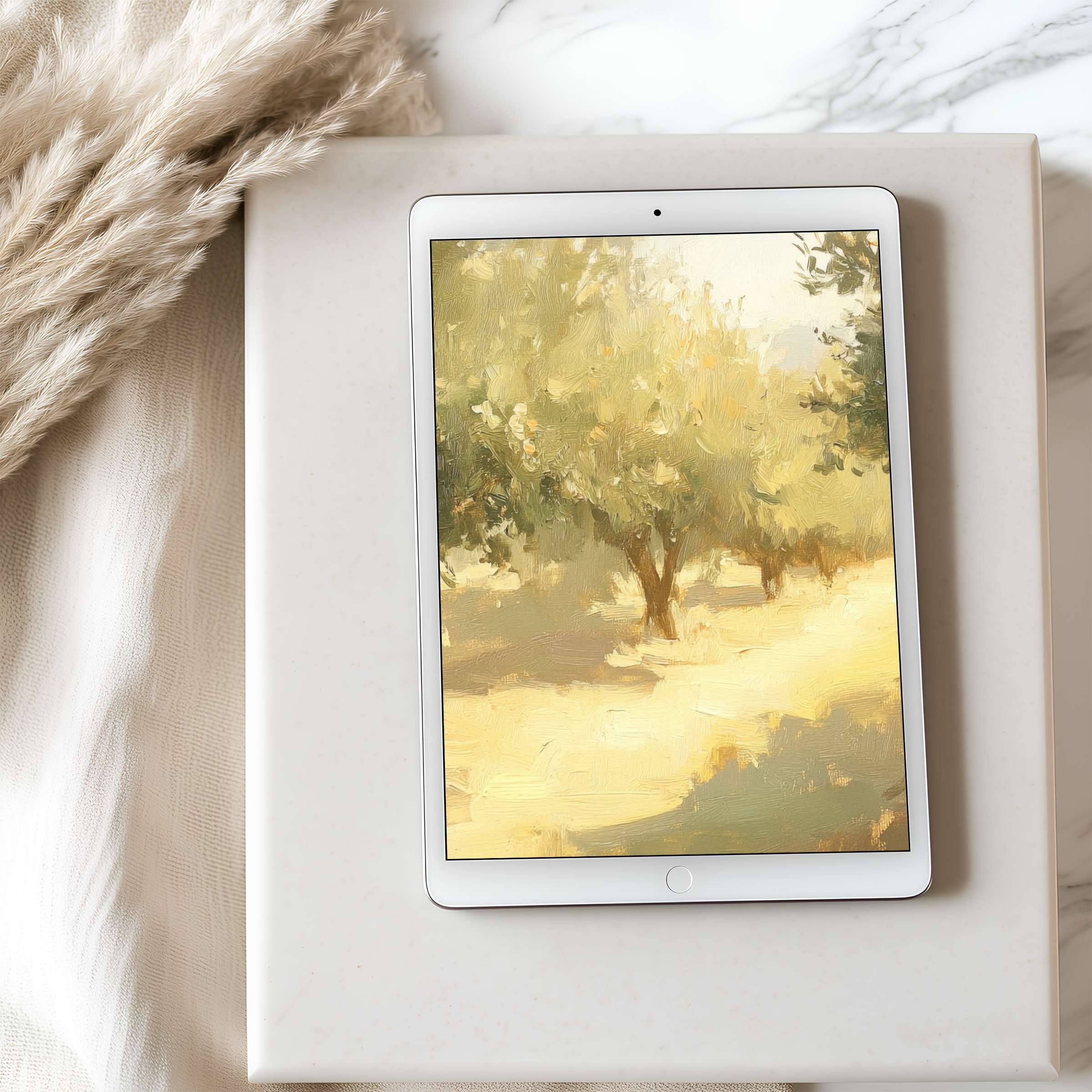 Elegant tablet wallpaper featuring serene pastel landscape artwork evokes tranquility, ideal for iPad and Android tablets, digital download