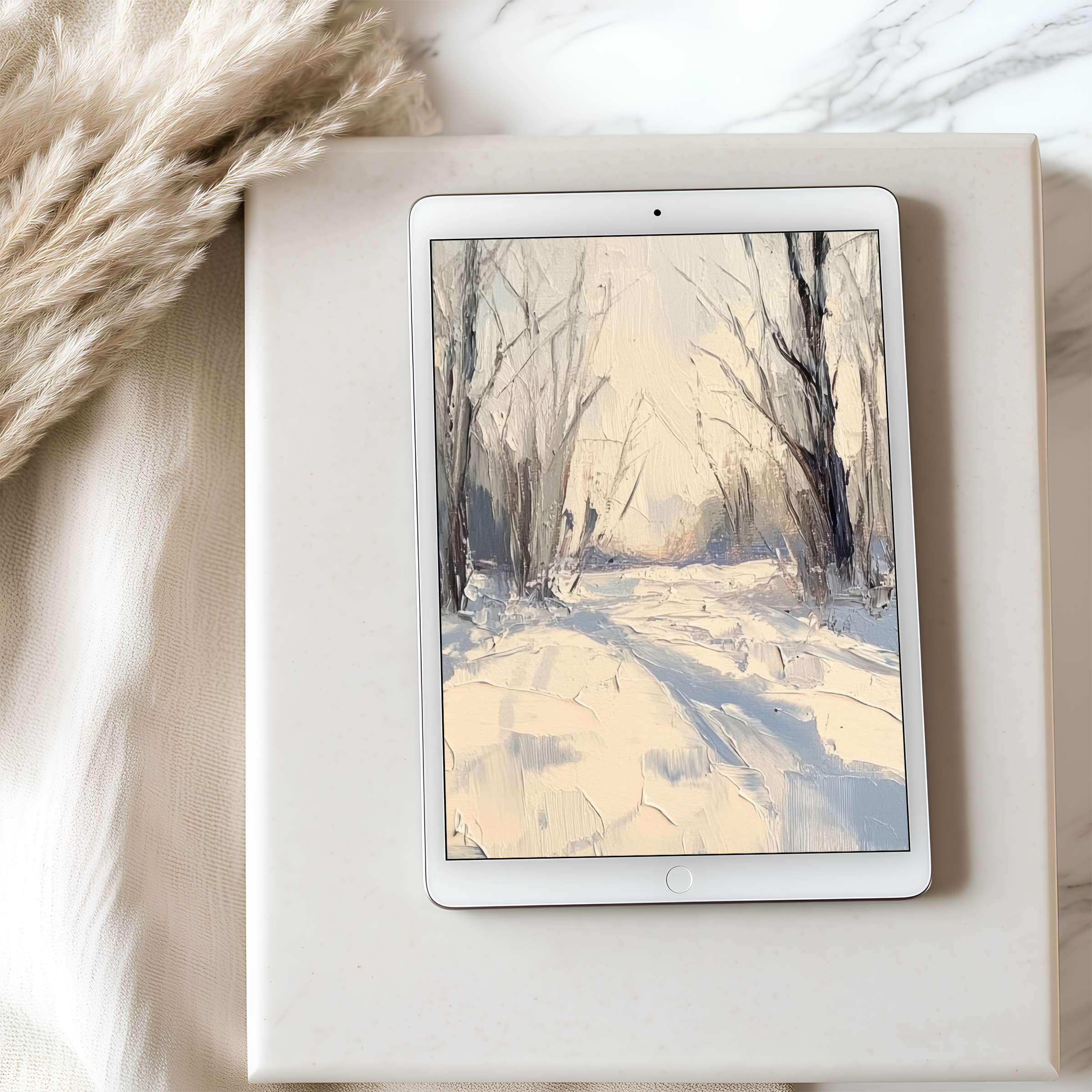 Elegant tablet wallpaper featuring a serene winter landscape in soft pastels, perfect for iPad Download high-resolution digital art